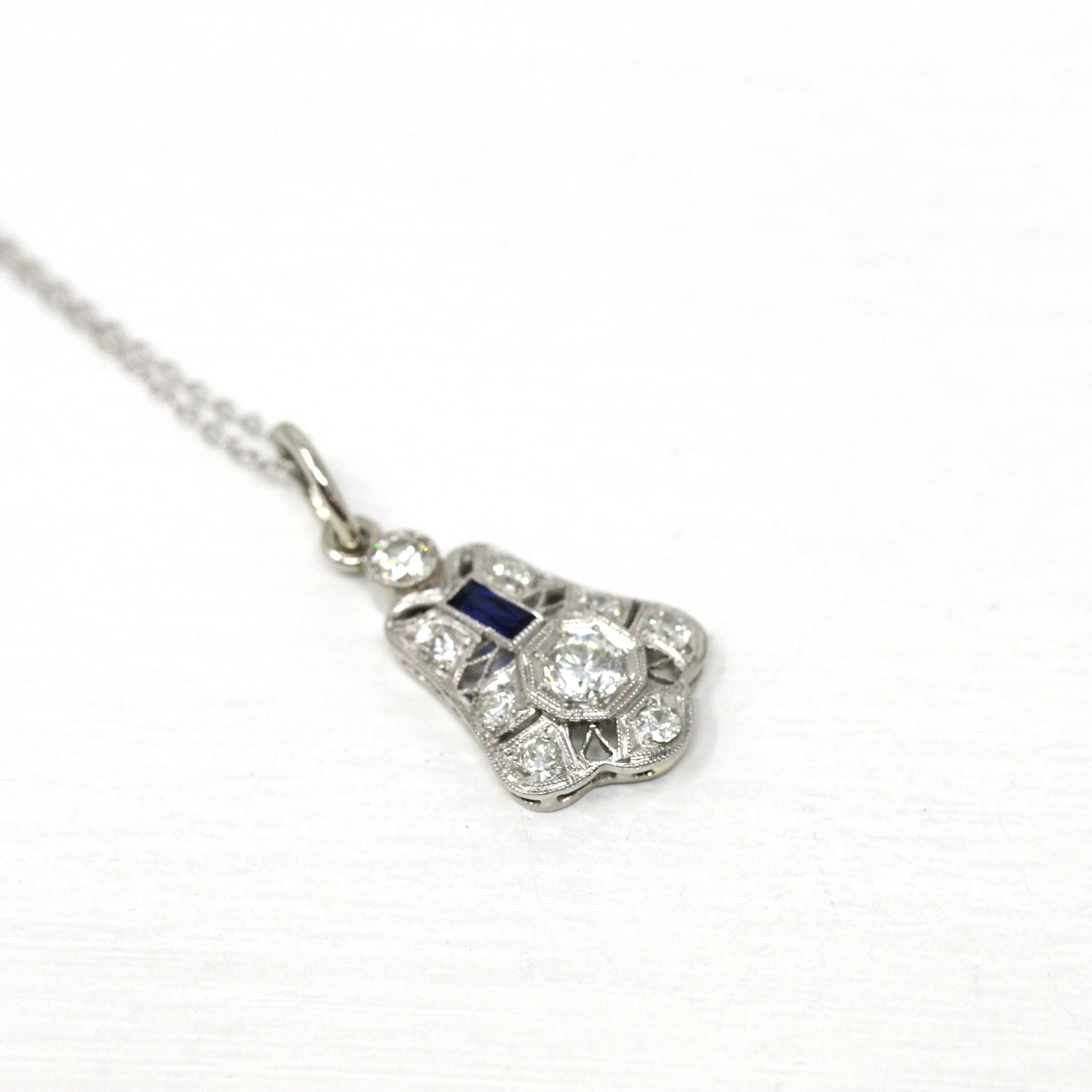 Art Deco Diamond Necklace - Antique 14k White Gold Genuine Gem Created Sapphire Pendant - Vintage 1920s Era Filigree Conversion Fine Jewelry