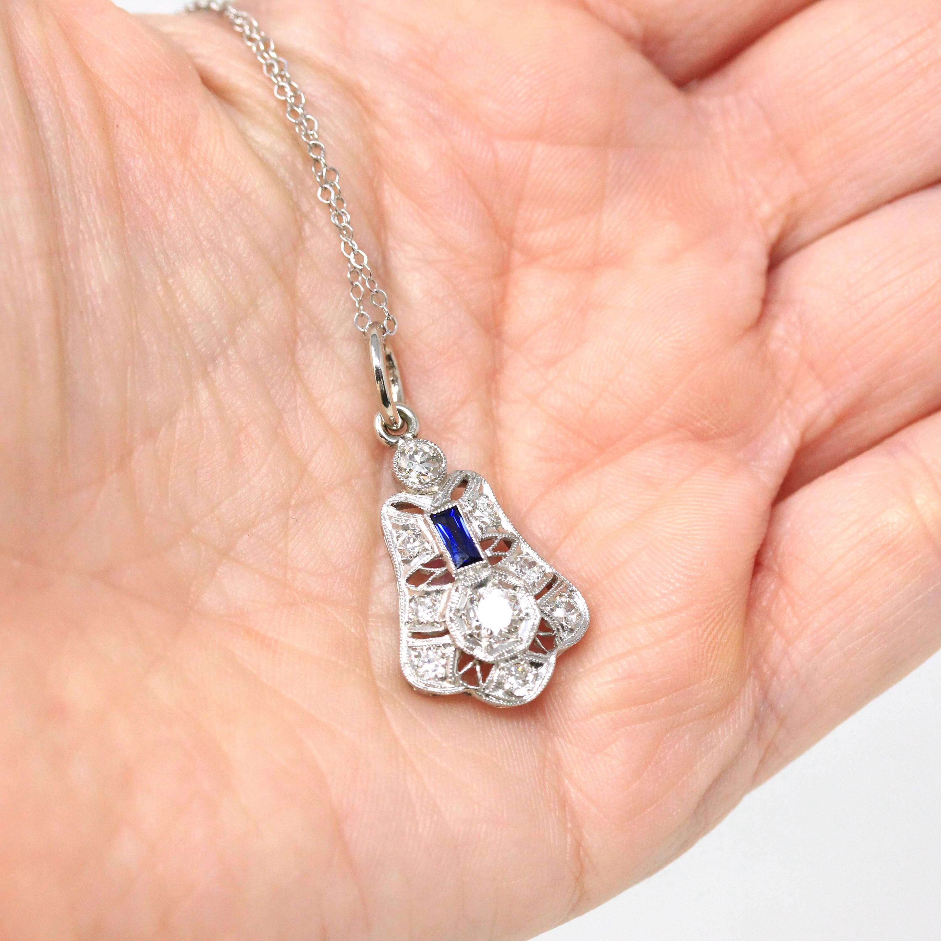 Art Deco Diamond Necklace - Antique 14k White Gold Genuine Gem Created Sapphire Pendant - Vintage 1920s Era Filigree Conversion Fine Jewelry