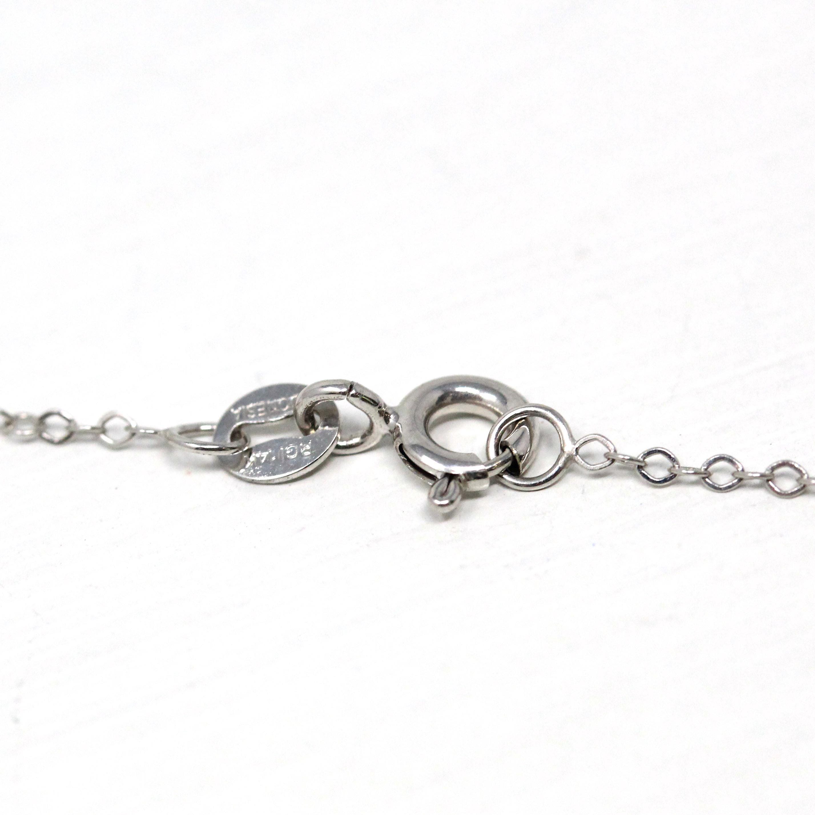 Art Deco Diamond Necklace - Antique 14k White Gold Genuine Gem Created Sapphire Pendant - Vintage 1920s Era Filigree Conversion Fine Jewelry