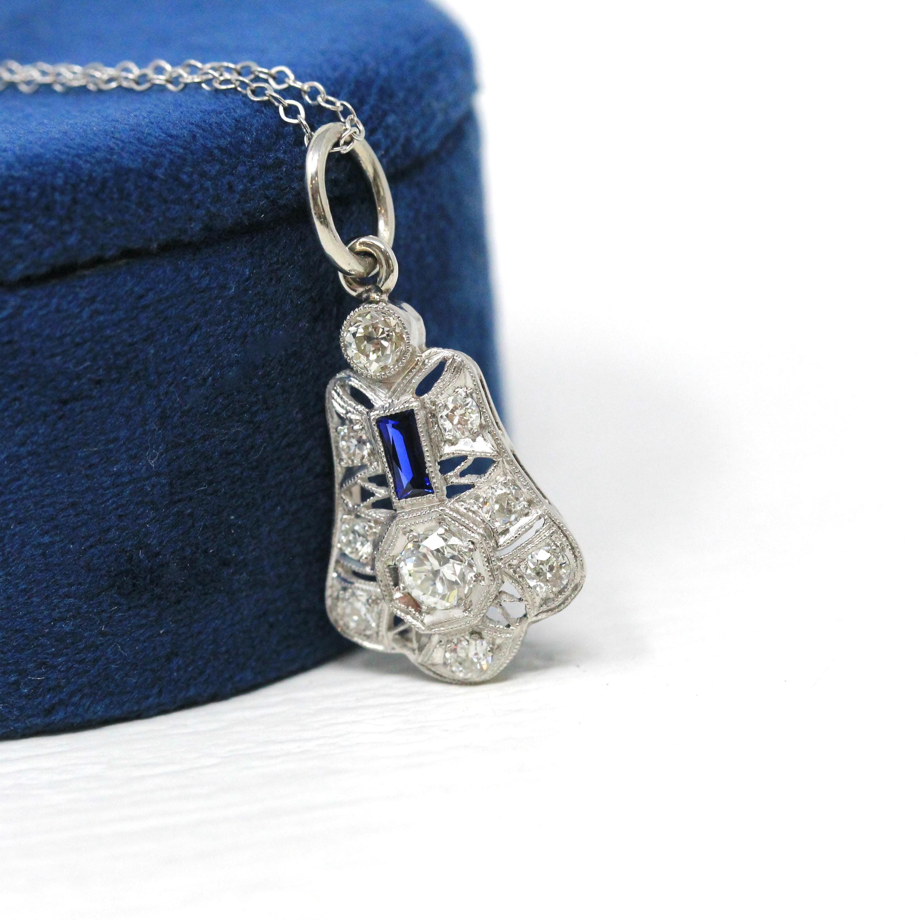Art Deco Diamond Necklace - Antique 14k White Gold Genuine Gem Created Sapphire Pendant - Vintage 1920s Era Filigree Conversion Fine Jewelry