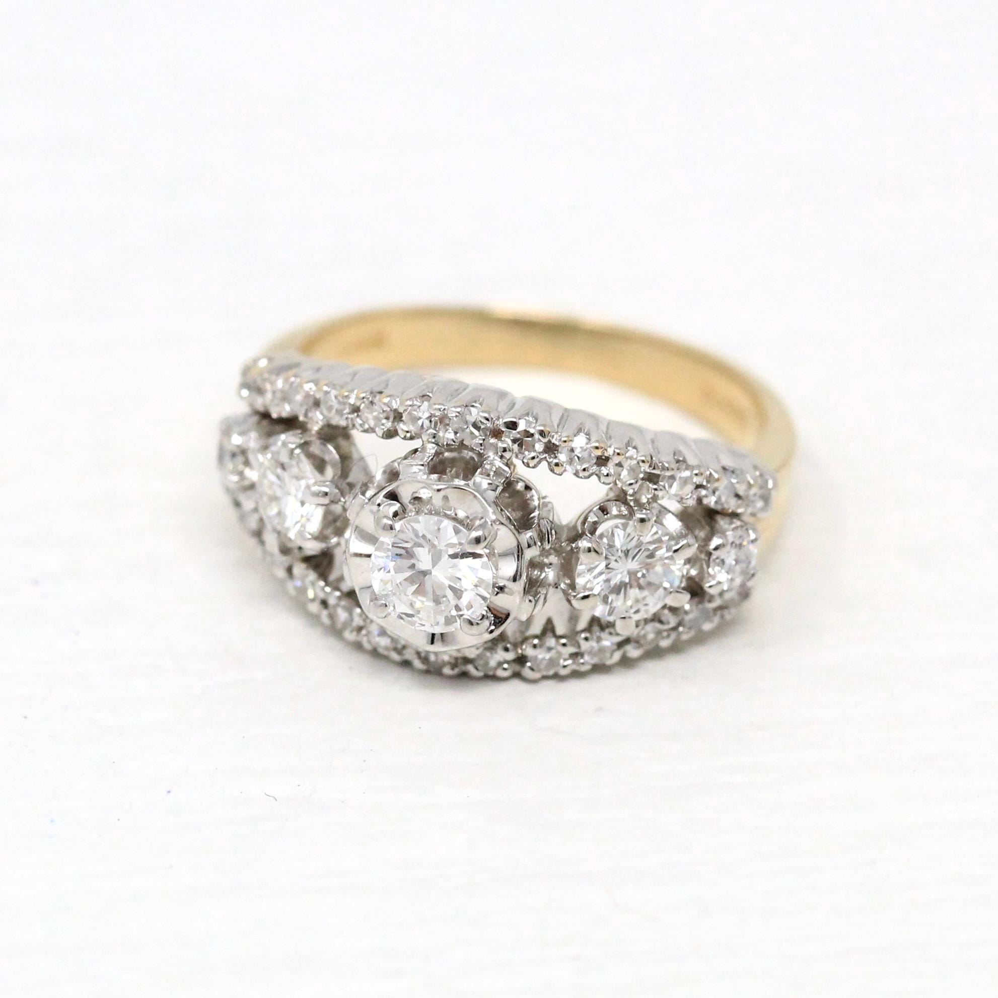 Graduated Diamond Ring - Modern Era Estate 14k Yellow & White Gold .89 CTW Genuine Round Diamond - Fine Size 5.25 Report Anniversary Jewelry