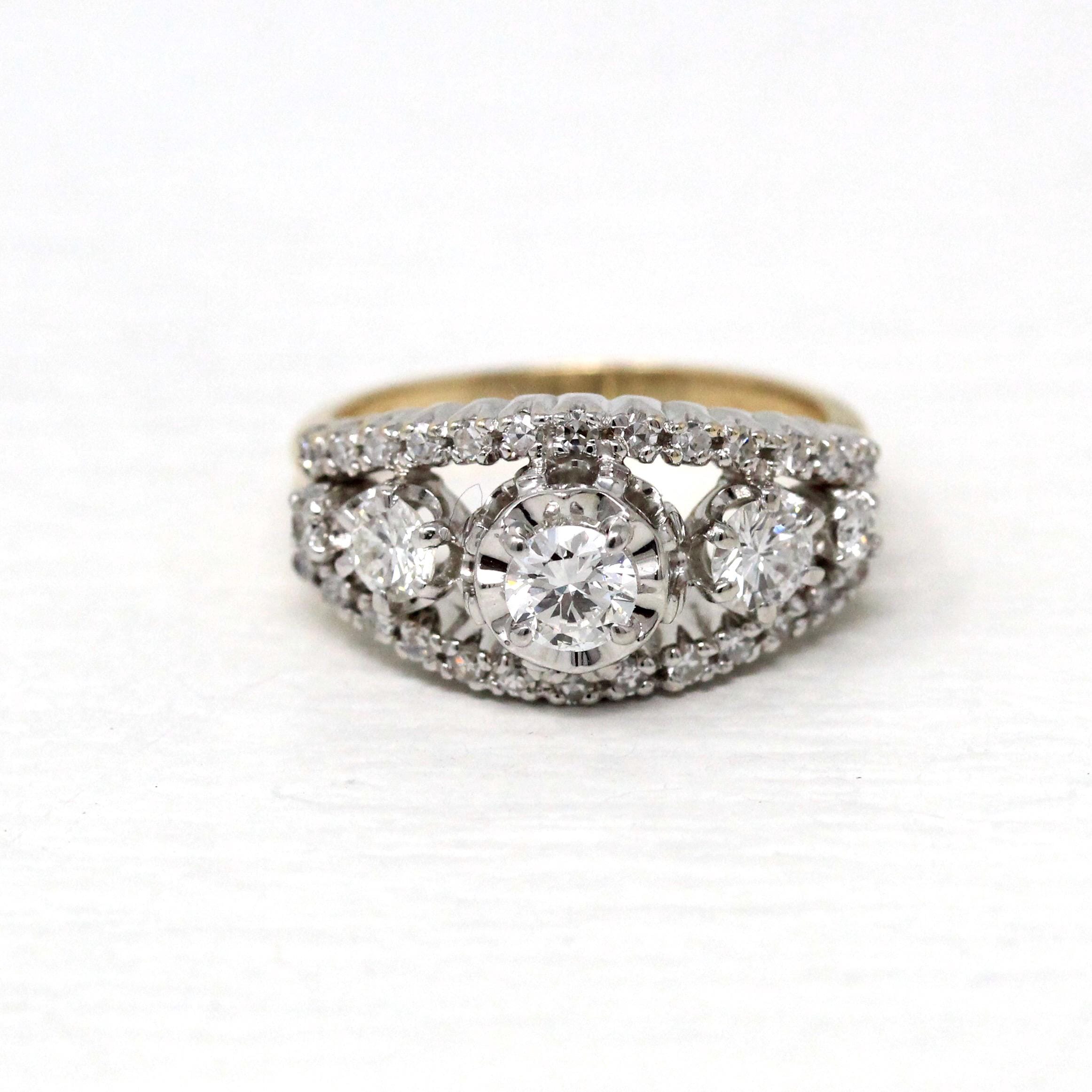 Graduated Diamond Ring - Modern Era Estate 14k Yellow & White Gold .89 CTW Genuine Round Diamond - Fine Size 5.25 Report Anniversary Jewelry