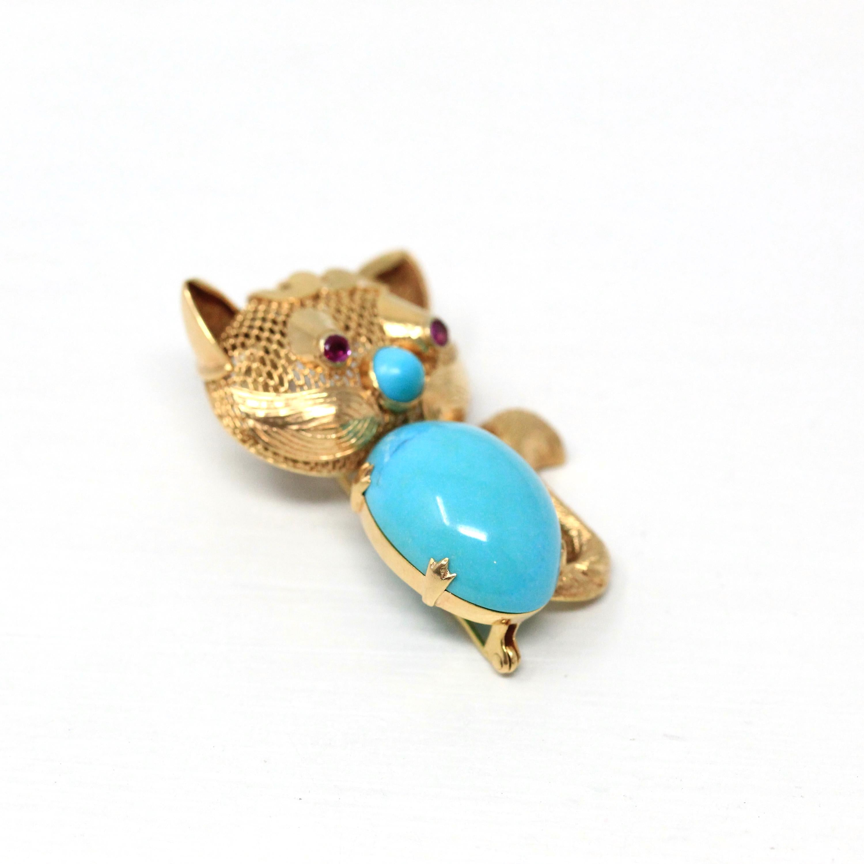 Vintage Cat Brooch - Retro Era 14k Yellow Gold Handmade Created Turquoise Pin- Circa 1960s Figural Gemstone Belly Feline Kitty Jewelry