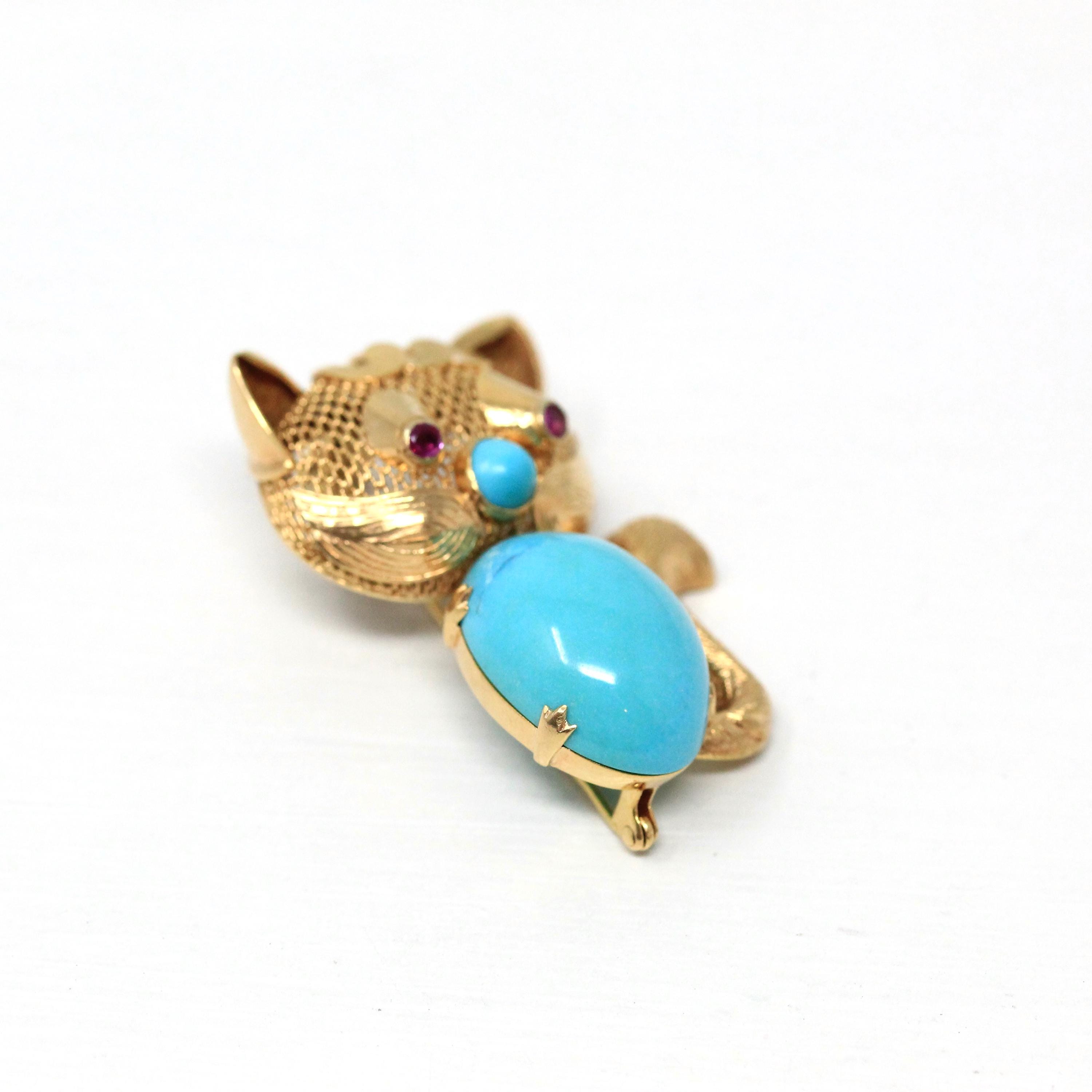 Vintage Cat Brooch - Retro 14k Yellow Gold Handmade Created Turquoise Pin - Circa 1960s Era Figural Gemstone Belly Feline Kitty Fine Jewelry