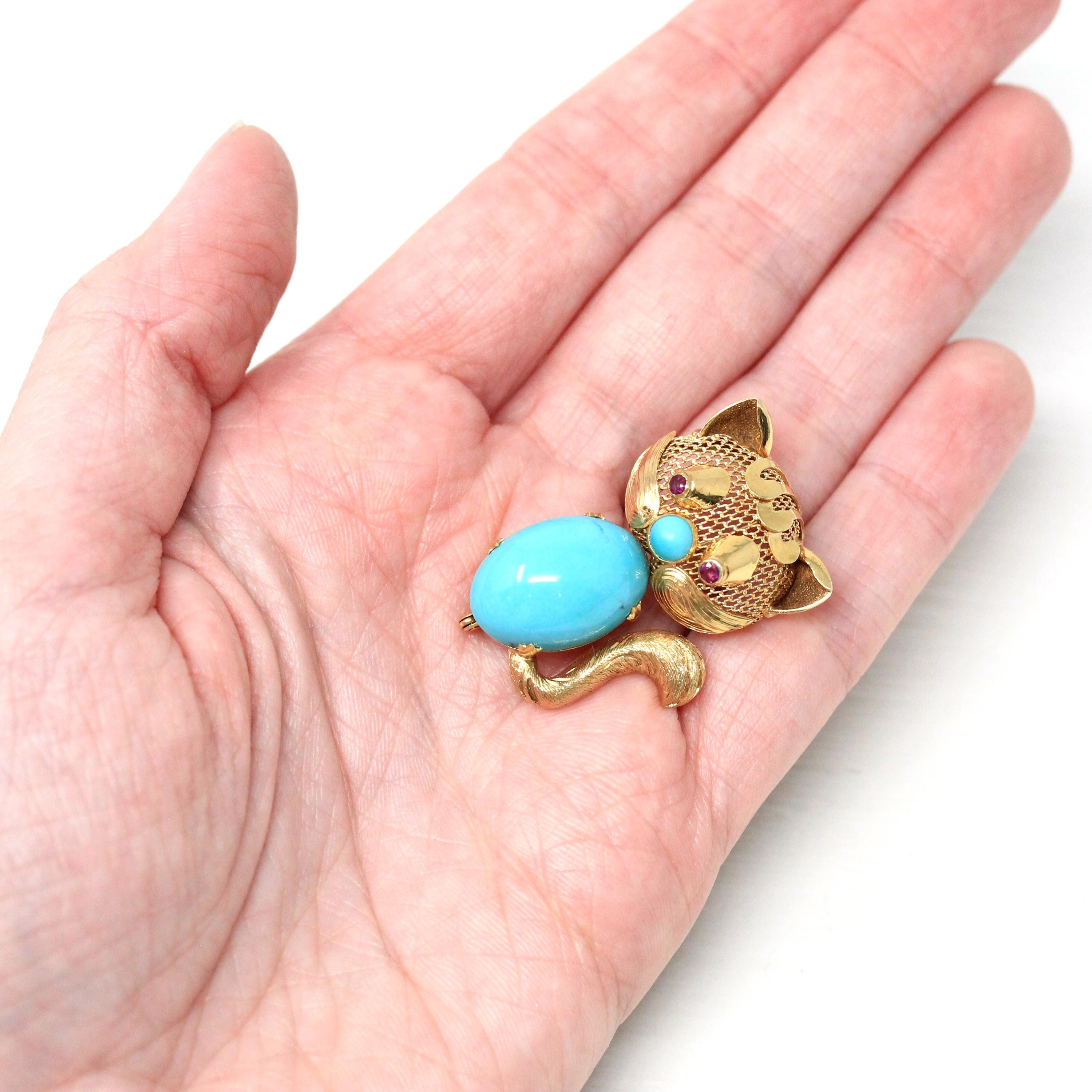 Vintage Cat Brooch - Retro 14k Yellow Gold Handmade Created Turquoise Pin - Circa 1960s Era Figural Gemstone Belly Feline Kitty Fine Jewelry