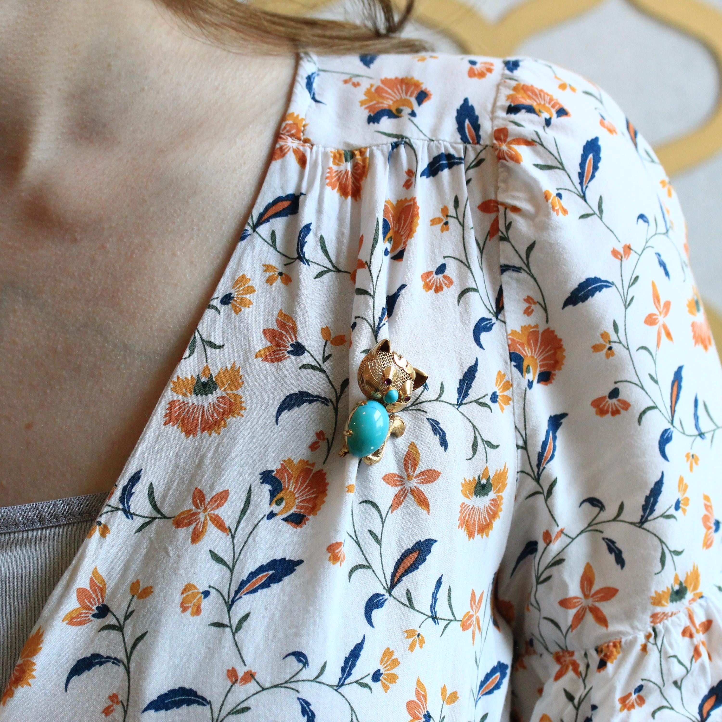 Vintage Cat Brooch - Retro Era 14k Yellow Gold Handmade Created Turquoise Pin- Circa 1960s Figural Gemstone Belly Feline Kitty Jewelry