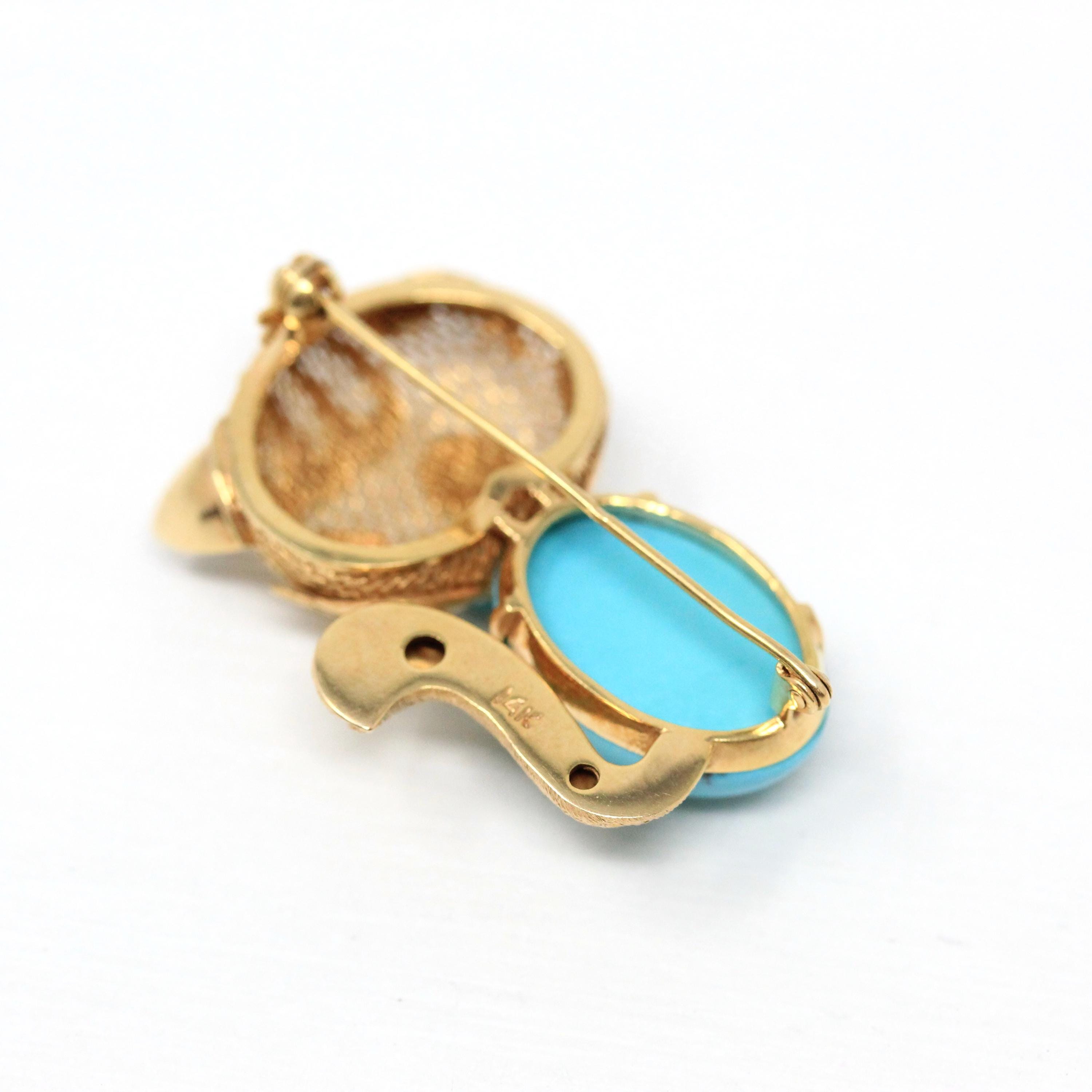 Vintage Cat Brooch - Retro 14k Yellow Gold Handmade Created Turquoise Pin - Circa 1960s Era Figural Gemstone Belly Feline Kitty Fine Jewelry