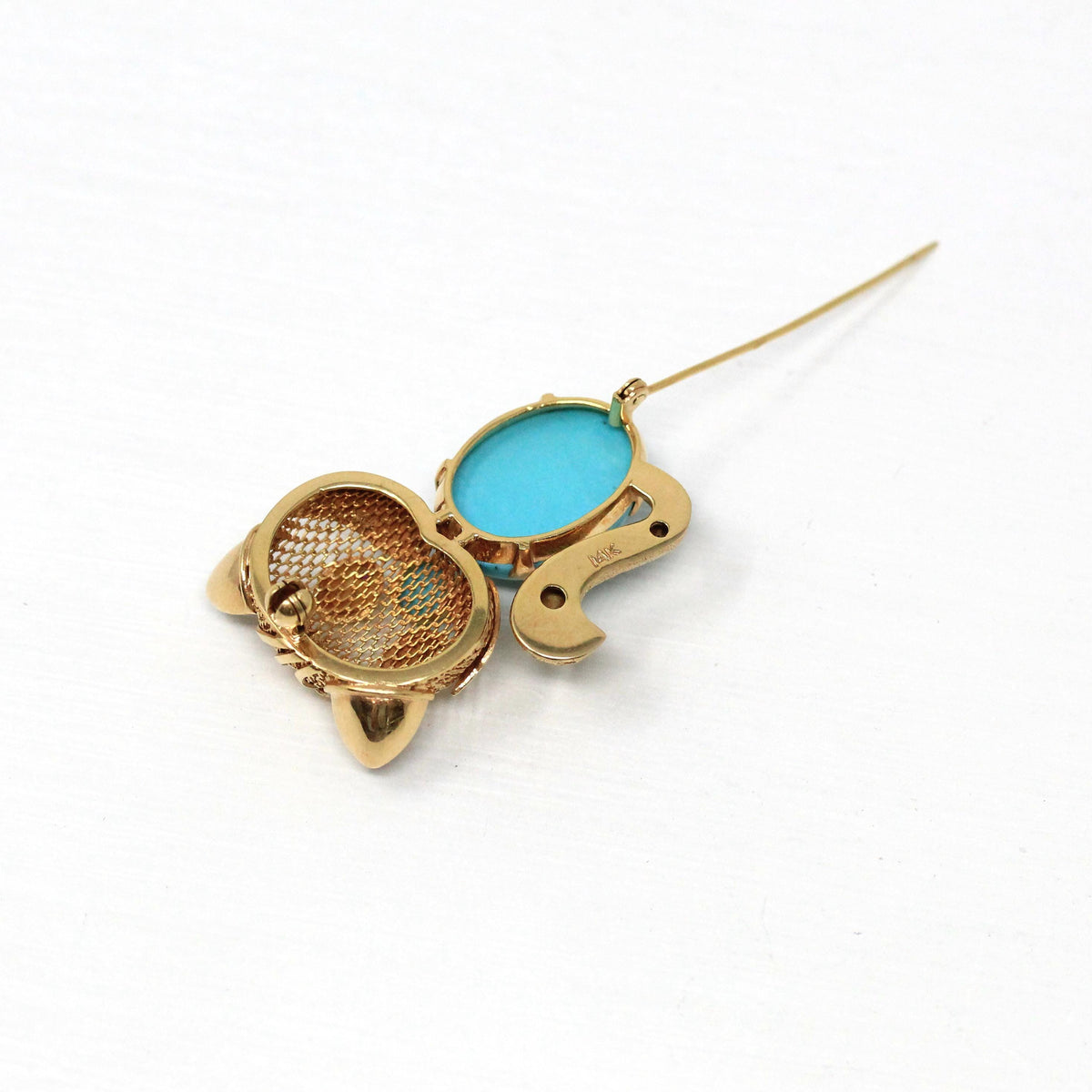 Vintage Cat Brooch - Retro 14k Yellow Gold Handmade Created Turquoise Pin - Circa 1960s Era Figural Gemstone Belly Feline Kitty Fine Jewelry