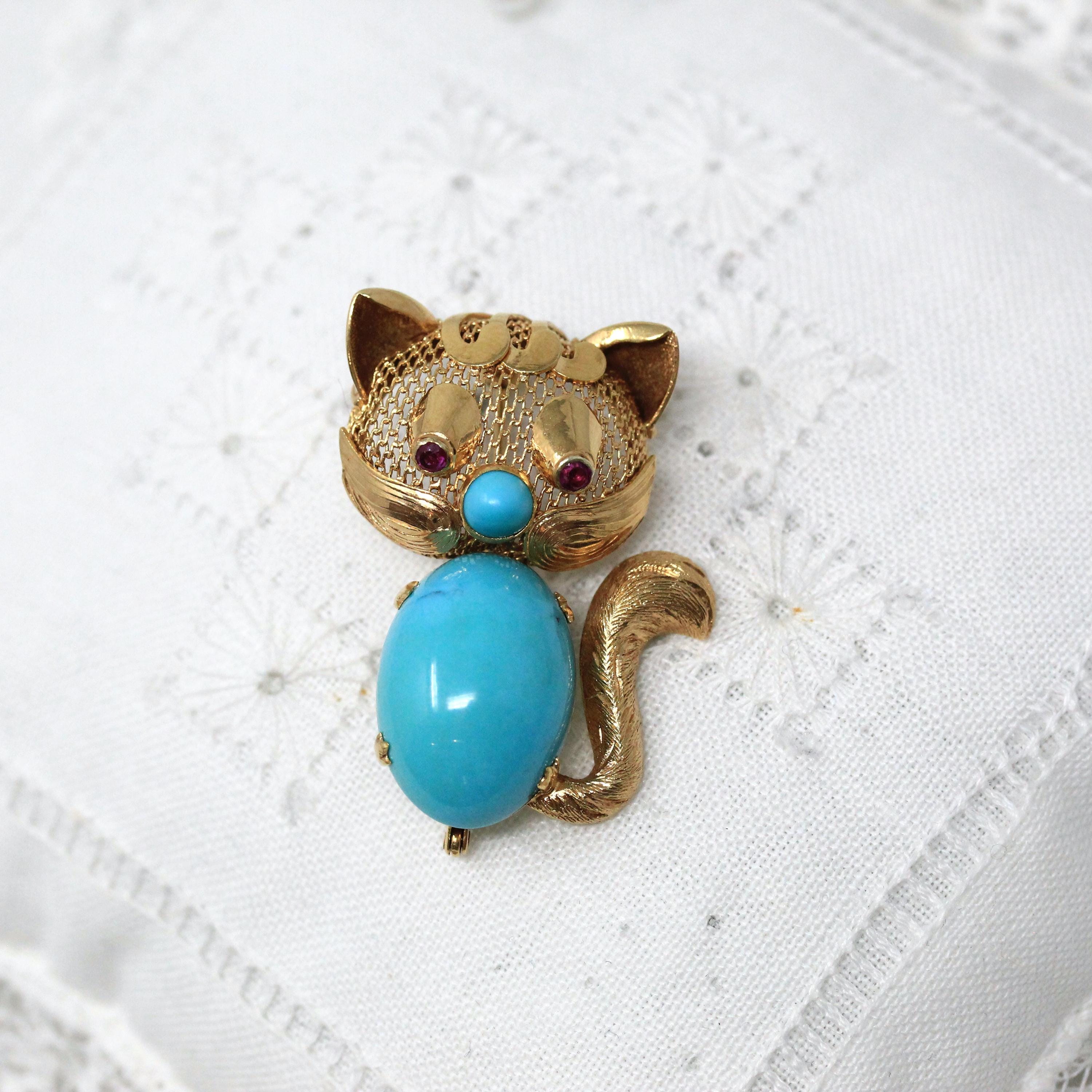 Vintage Cat Brooch - Retro 14k Yellow Gold Handmade Created Turquoise Pin - Circa 1960s Era Figural Gemstone Belly Feline Kitty Fine Jewelry