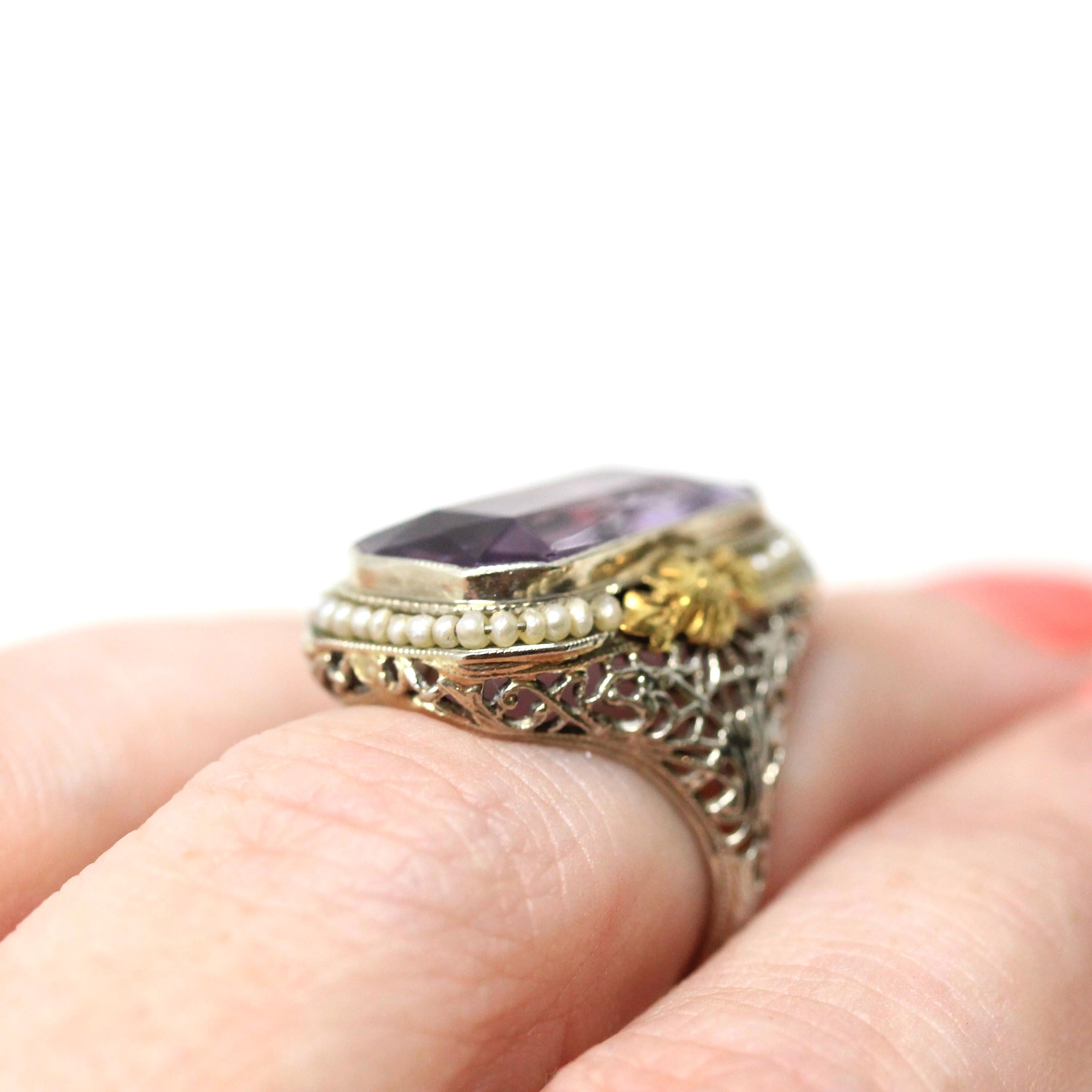 Genuine Amethyst Ring - Vintage Art Deco 14k White Gold Rectangular Purple Gem - Circa 1930s Size 2 1/2 Seed Pearl Halo Flower Fine Jewelry