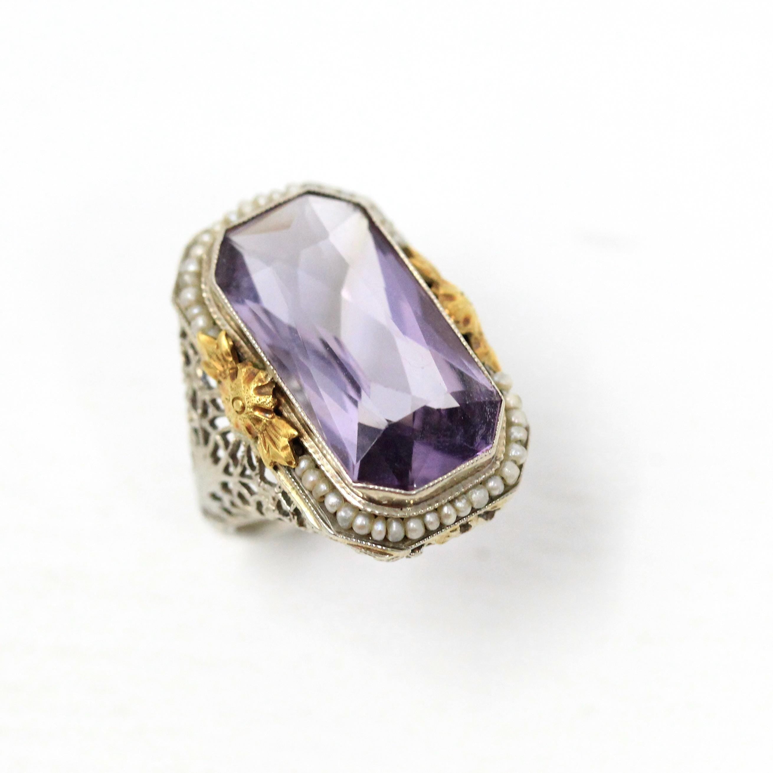 Genuine Amethyst Ring - Vintage Art Deco 14k White Gold Rectangular Purple Gem - Circa 1930s Size 2 1/2 Seed Pearl Halo Flower Fine Jewelry