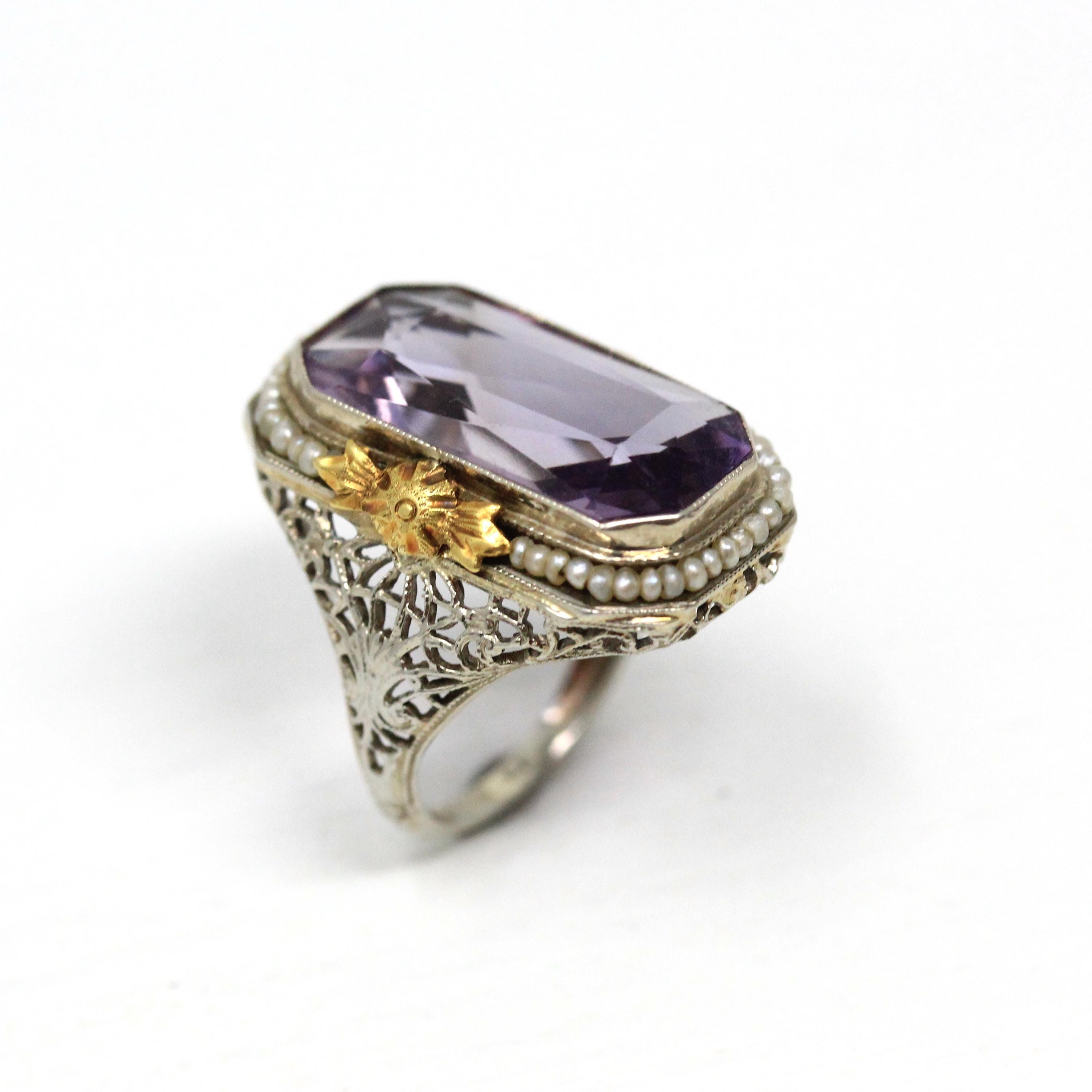 Genuine Amethyst Ring - Vintage Art Deco 14k White Gold Rectangular Purple Gem - Circa 1930s Size 2 1/2 Seed Pearl Halo Flower Fine Jewelry