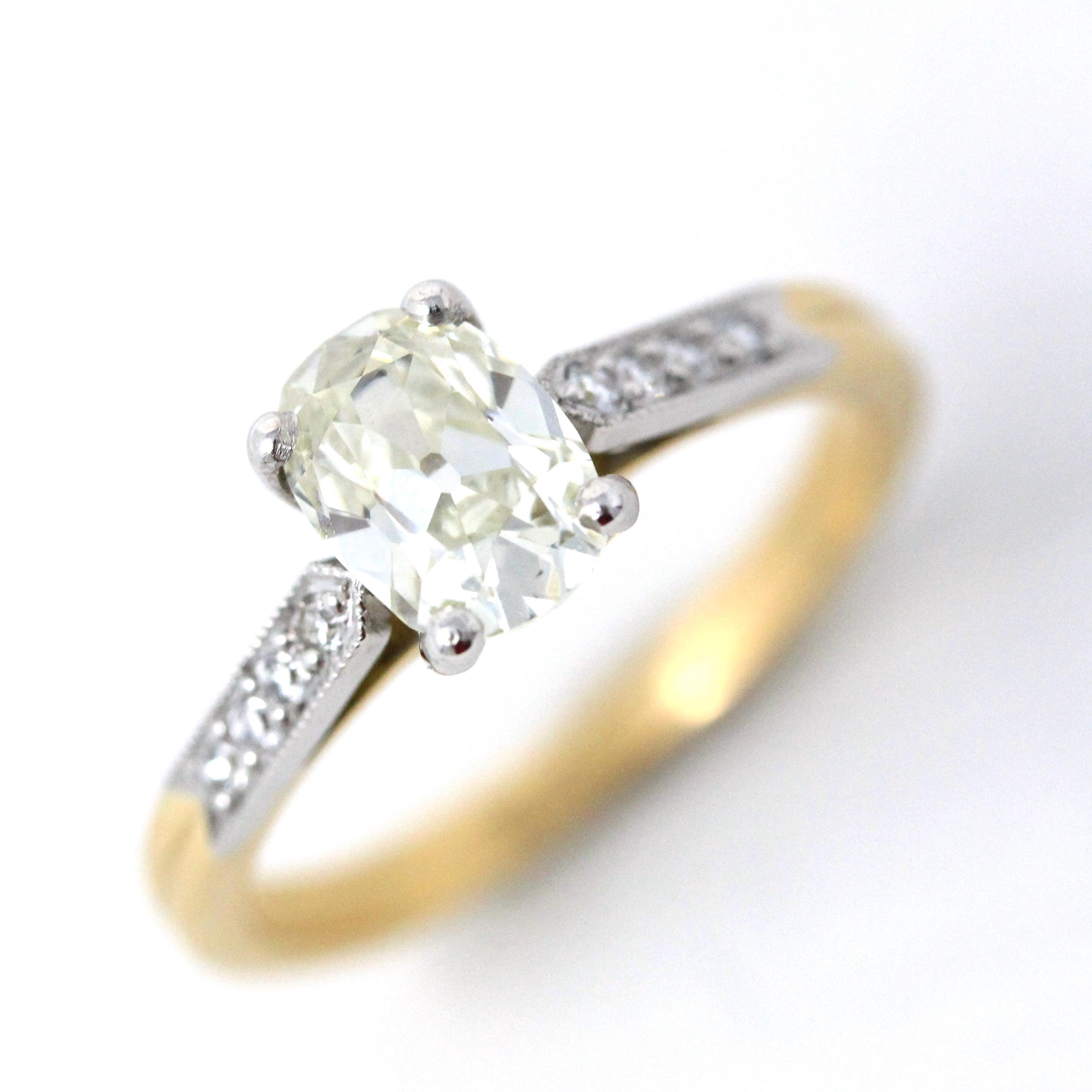 Old Mine Cut Diamond Ring - Modern 18k Yellow Gold & Platinum Two Tone French Engagement - Estate Vintage Style Bridal GIA Report Jewelry