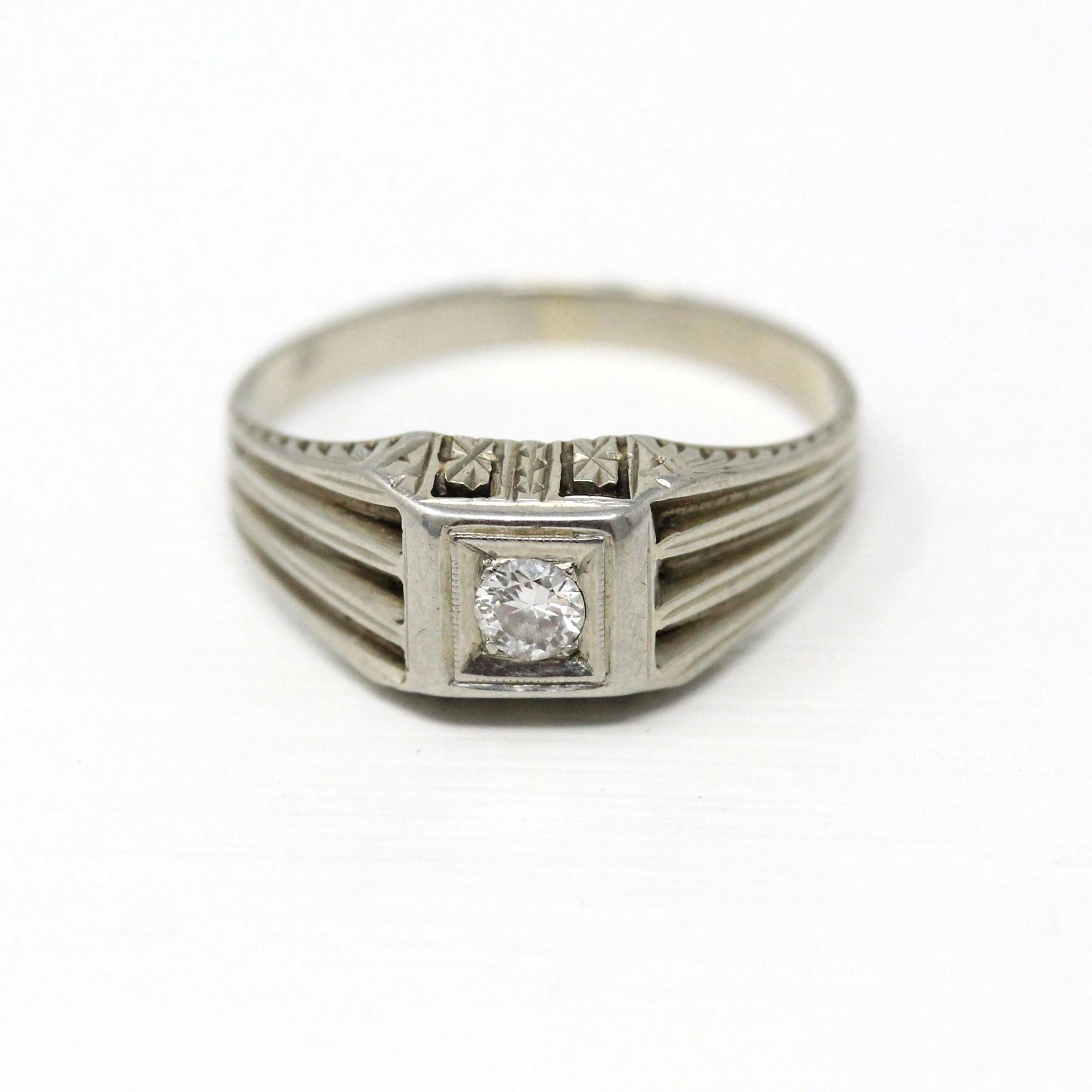 Genuine Diamond Ring - Art Deco 18k White Gold .13 CT Round Transitional Cut Gemstone - Vintage Circa 1930s Era Engagement Fine 30s Jewelry