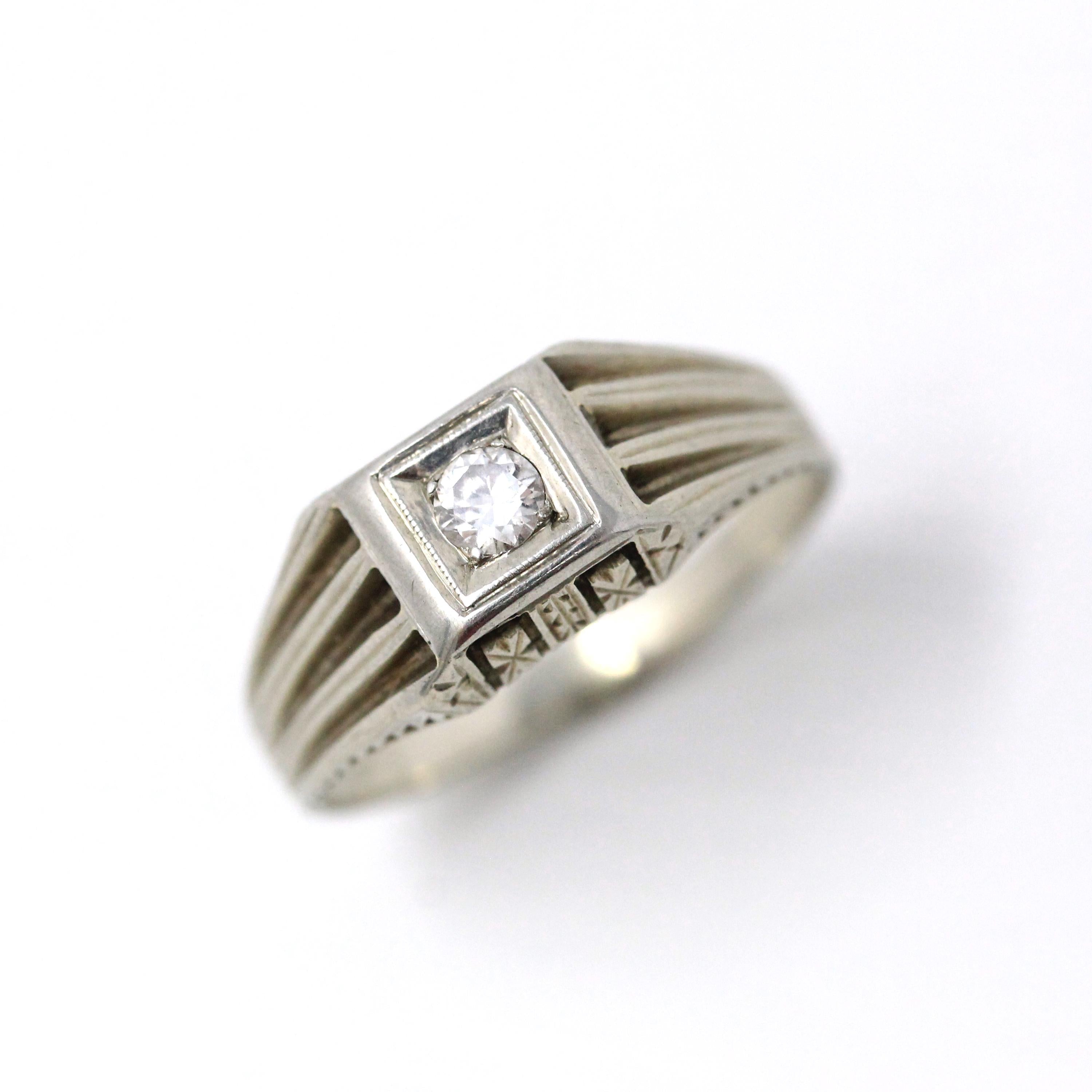 Genuine Diamond Ring - Art Deco 18k White Gold .13 CT Round Transitional Cut Gemstone - Vintage Circa 1930s Era Engagement Fine 30s Jewelry