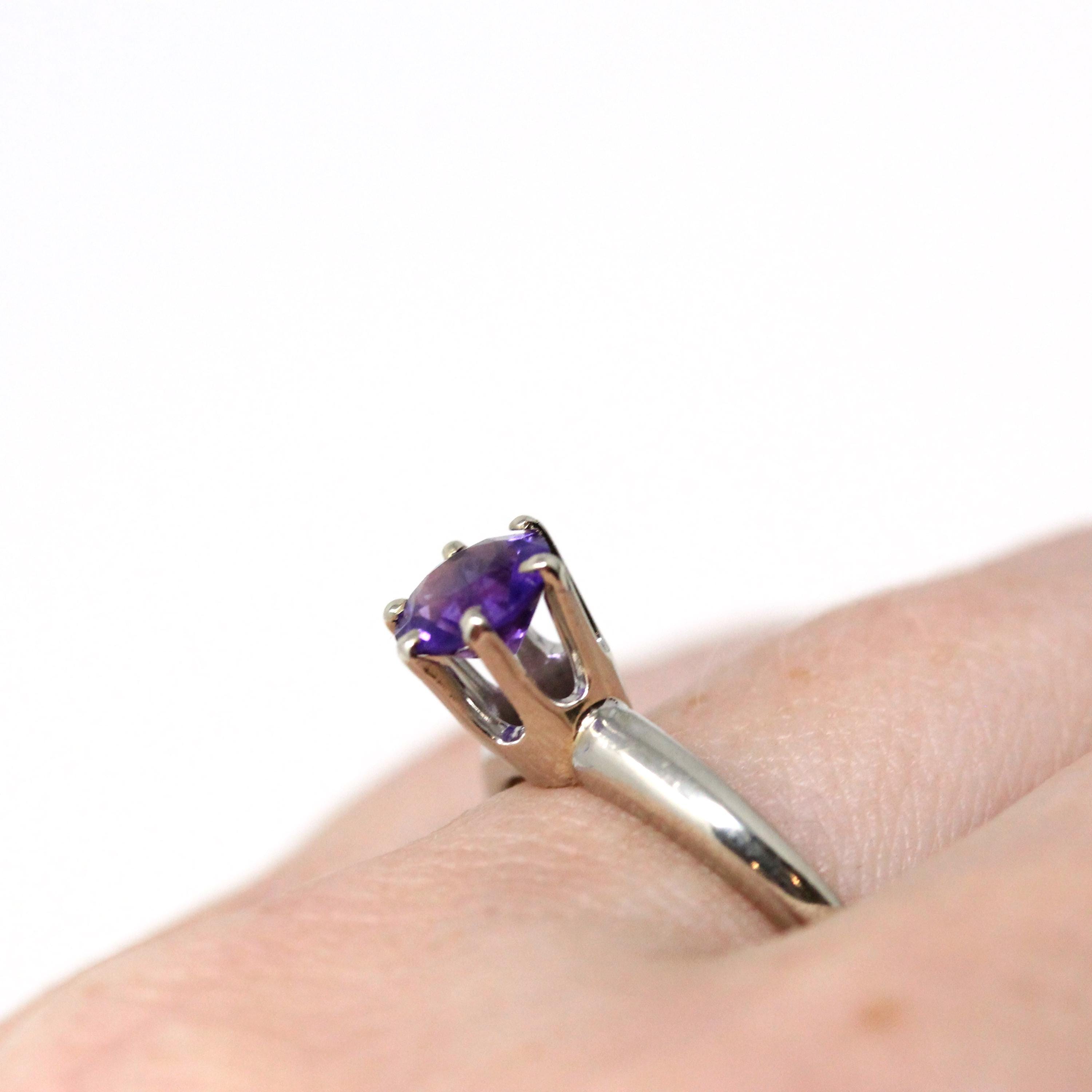 Mid Century Amethyst Ring - Vintage 14k White Gold Genuine Purple Gem - Circa 1950s Size 6 3/4 Solitaire February Birthstone Fine Jewelry