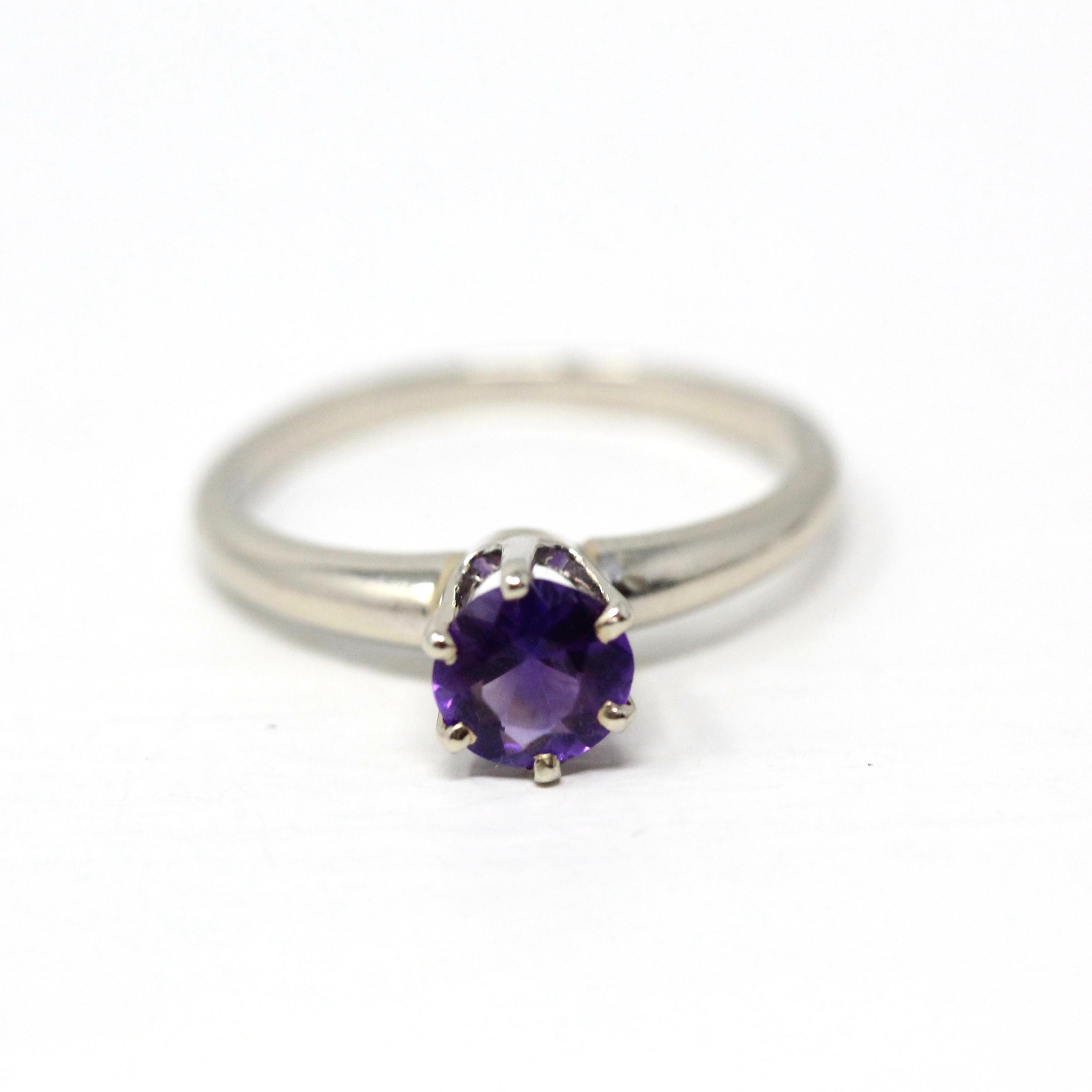 Mid Century Amethyst Ring - Vintage 14k White Gold Genuine Purple Gem - Circa 1950s Size 6 3/4 Solitaire February Birthstone Fine Jewelry