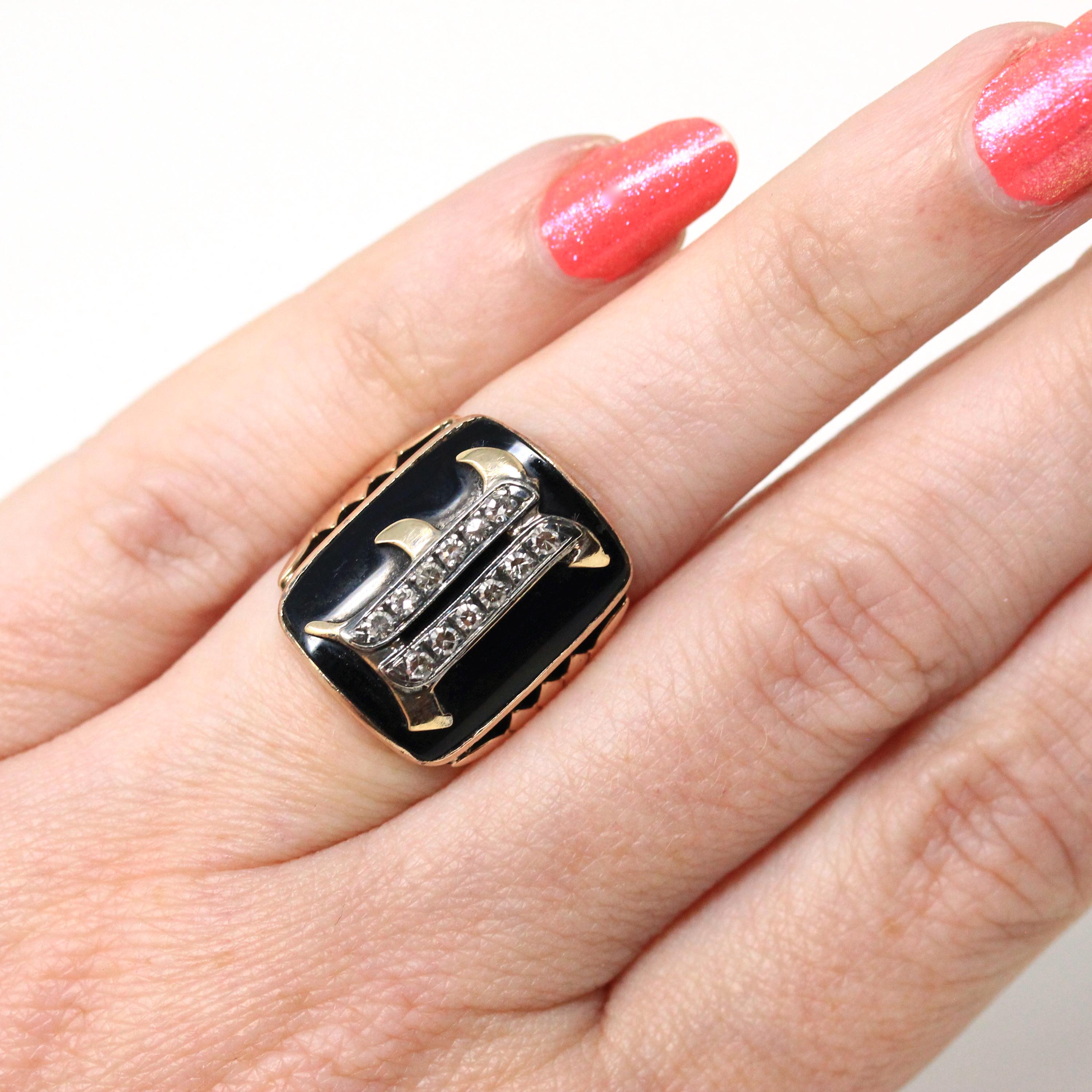 Letter "I" Ring - Victorian 10k Rose Gold Black Chalcedony Onyx Signet - Vintage 1890s Size 4 Black Initial Old English Diamonds Jewelry