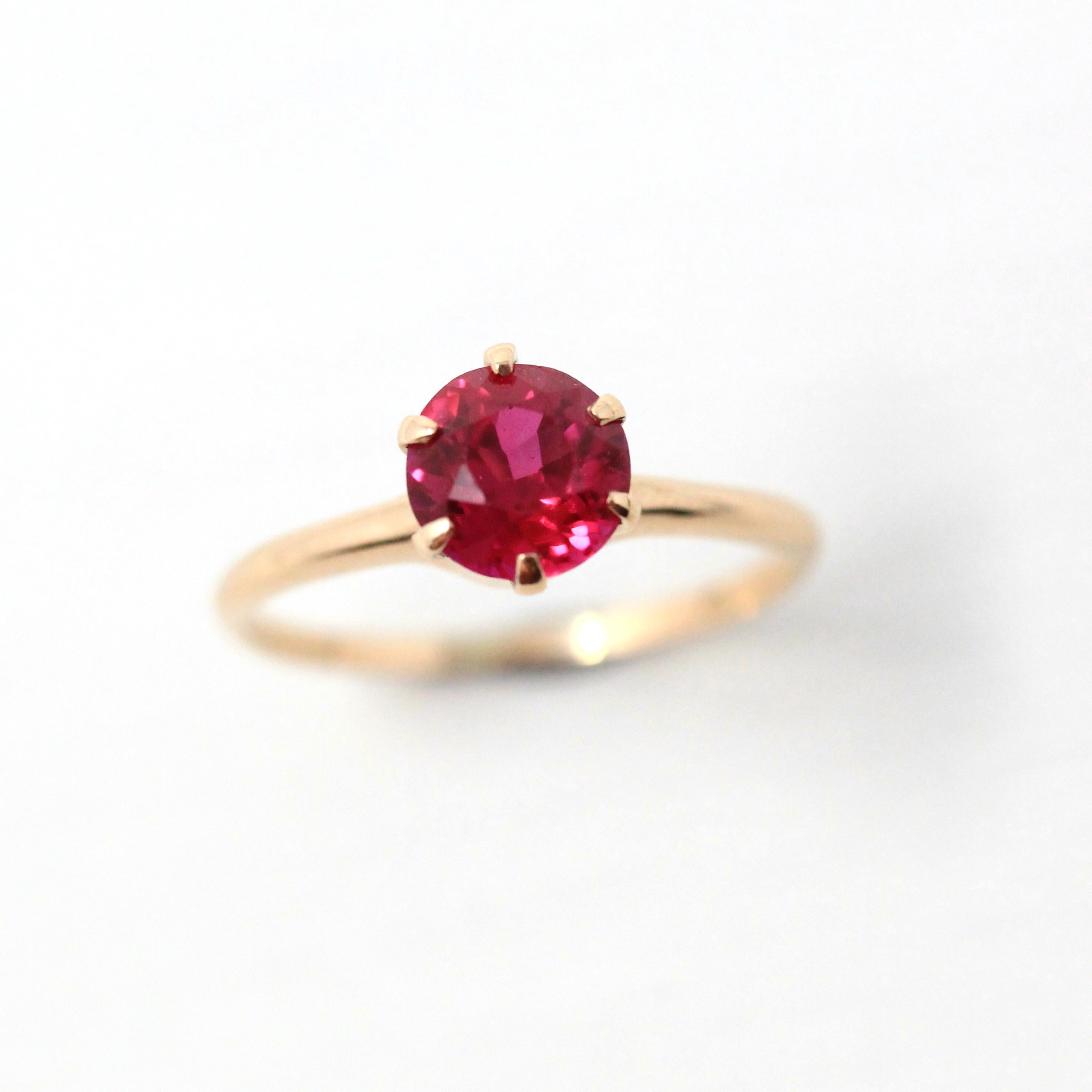 Created Ruby Ring - Retro 10k Yellow Gold Round Faceted Reddish Pink Stone - Vintage 40s Size 5.25 July Birthstone Fine Solitaire Jewelry