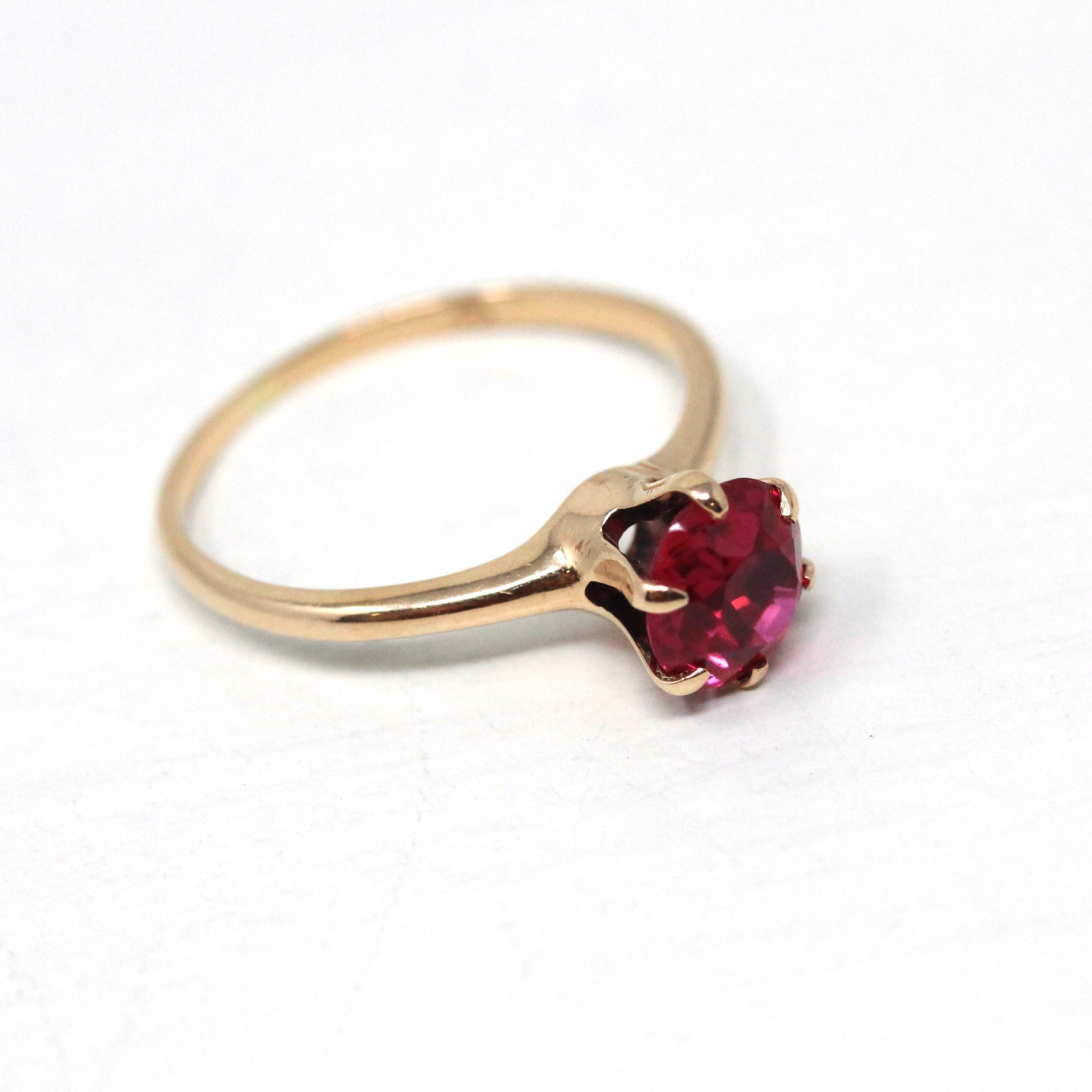 Created Ruby Ring - Retro 10k Yellow Gold Round Faceted Reddish Pink Stone - Vintage 40s Size 5.25 July Birthstone Fine Solitaire Jewelry