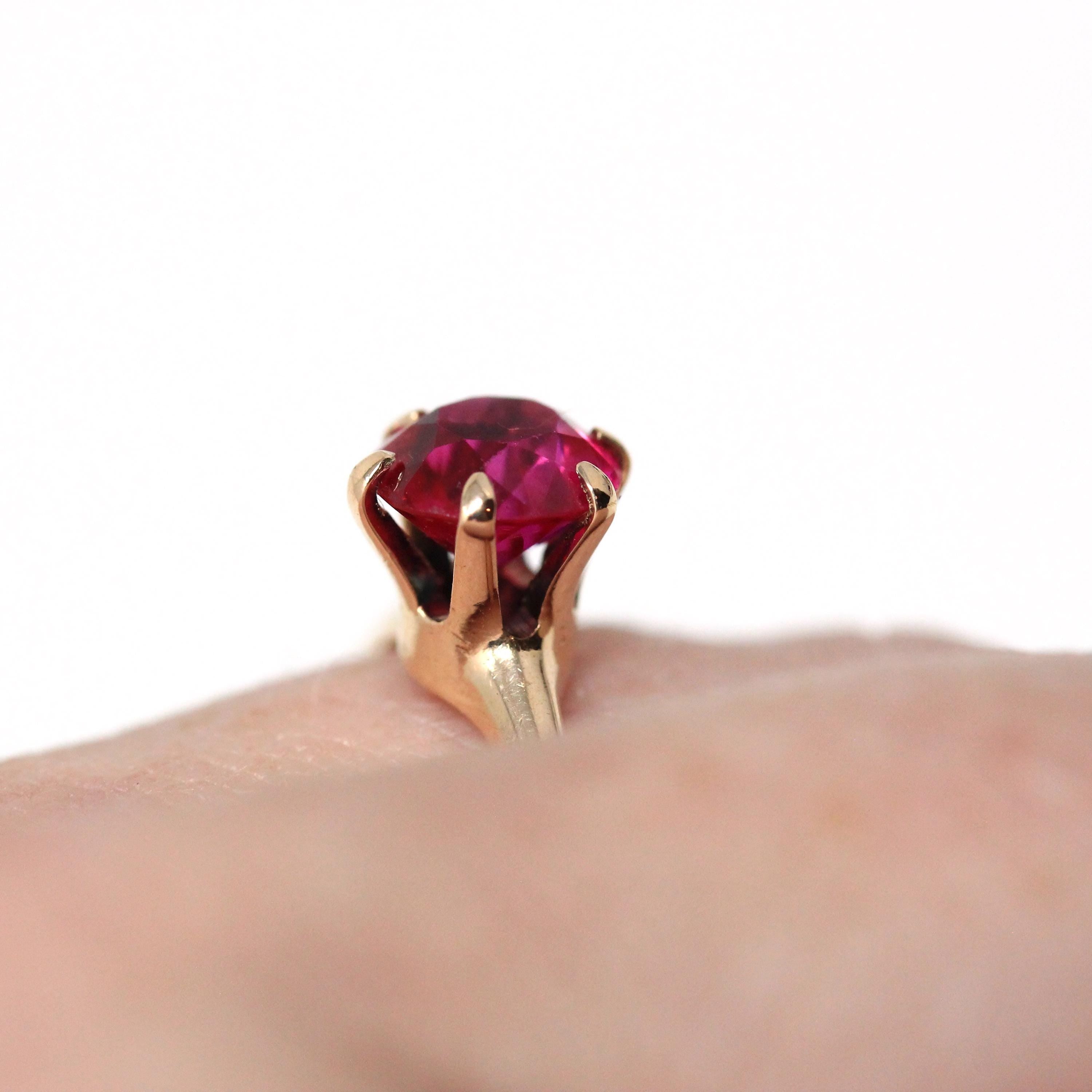 Created Ruby Ring - Retro 10k Yellow Gold Round Faceted Reddish Pink Stone - Vintage 40s Size 5.25 July Birthstone Fine Solitaire Jewelry