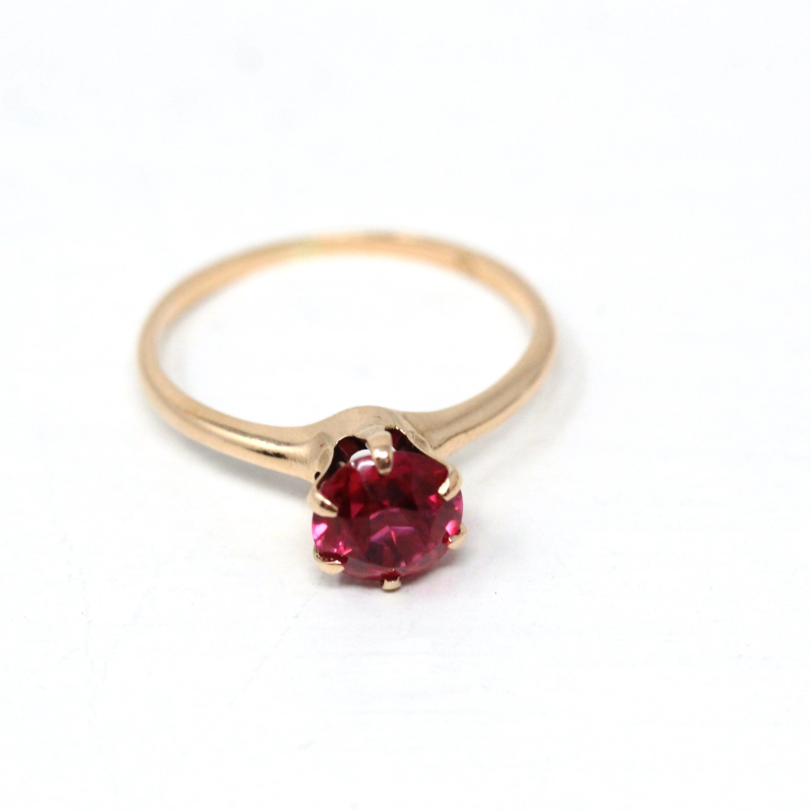 Created Ruby Ring - Retro 10k Yellow Gold Round Faceted Reddish Pink Stone - Vintage 40s Size 5.25 July Birthstone Fine Solitaire Jewelry