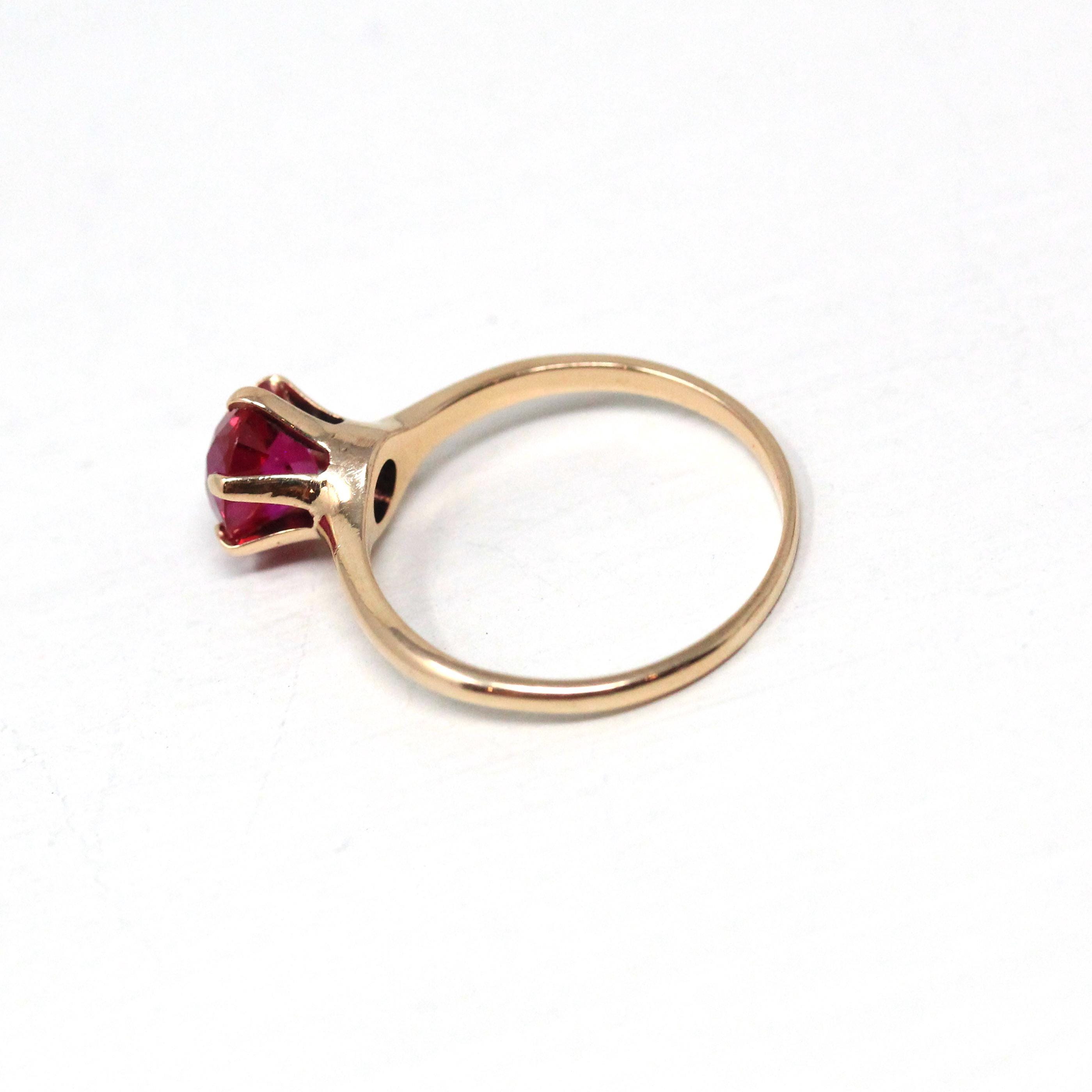 Created Ruby Ring - Retro 10k Yellow Gold Round Faceted Reddish Pink Stone - Vintage 40s Size 5.25 July Birthstone Fine Solitaire Jewelry