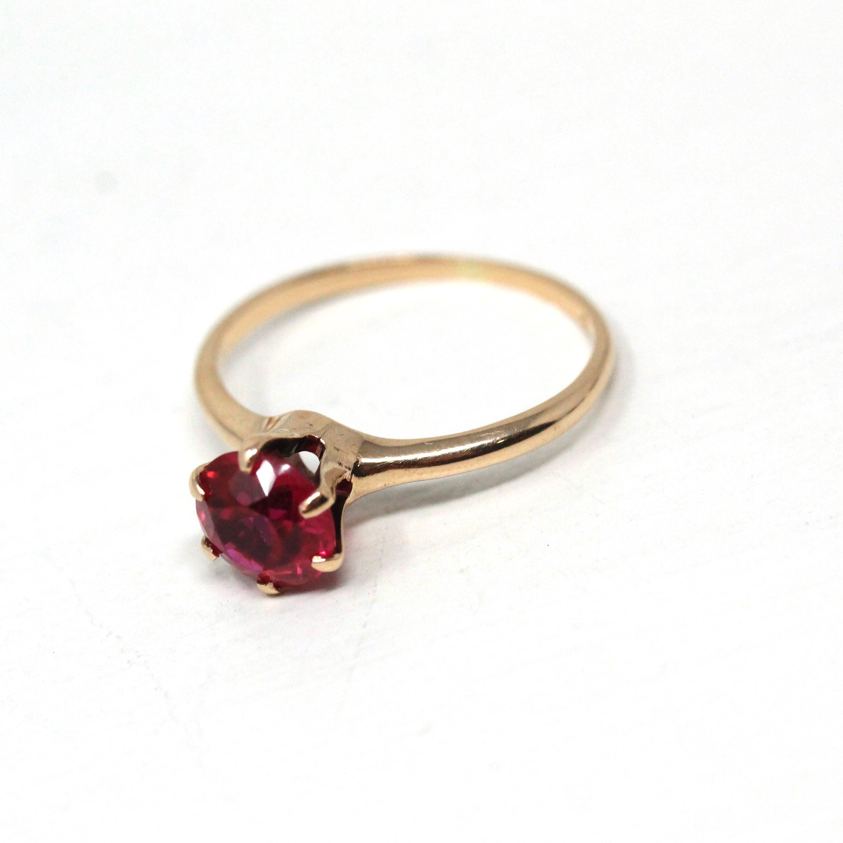 Created Ruby Ring - Retro 10k Yellow Gold Round Faceted Reddish Pink Stone - Vintage 40s Size 5.25 July Birthstone Fine Solitaire Jewelry