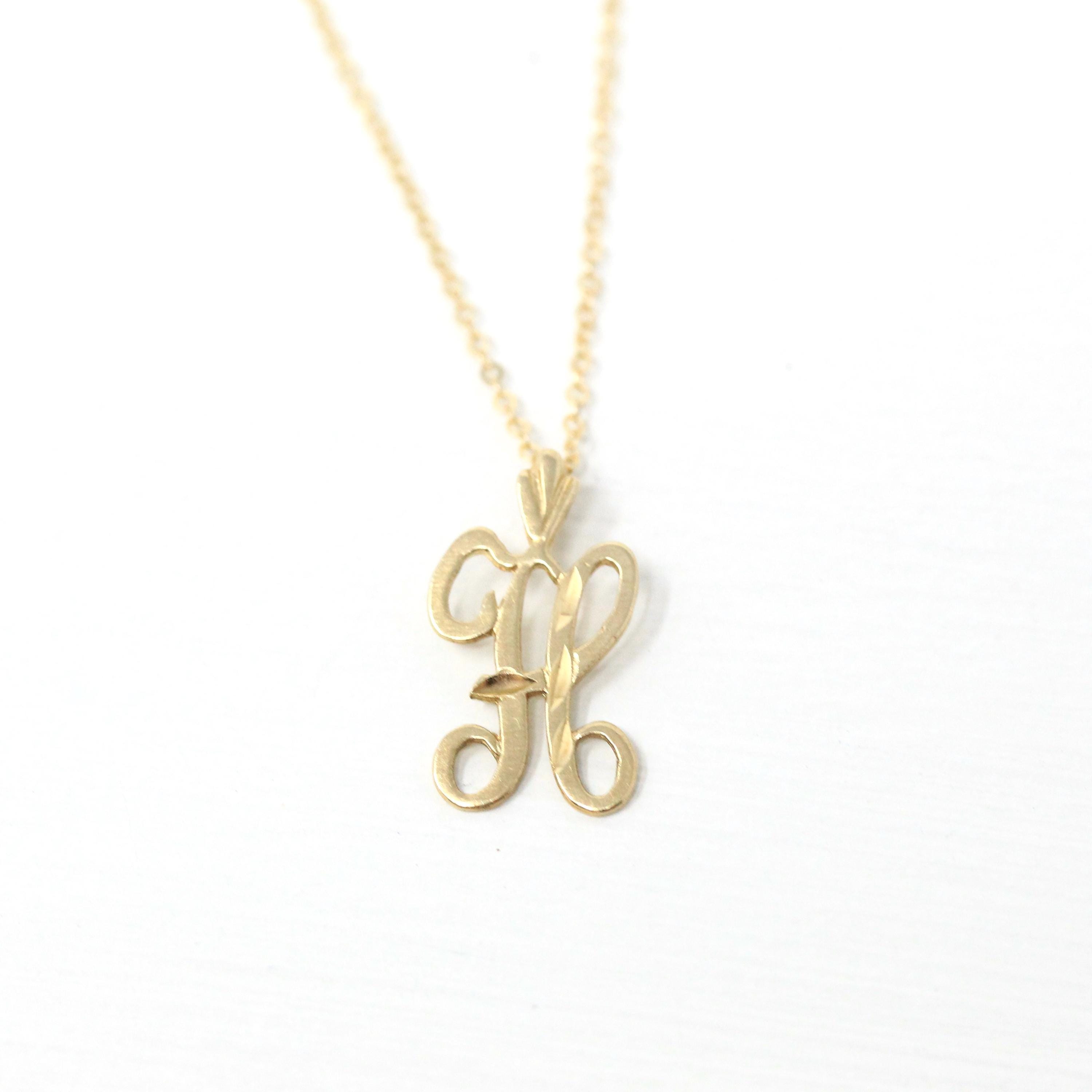 Letter "H" Necklace - Modern Estate 14k Yellow Gold Personalized Pendant Charm - Cursive High Polished Single Initial Fine Gold Jewelry