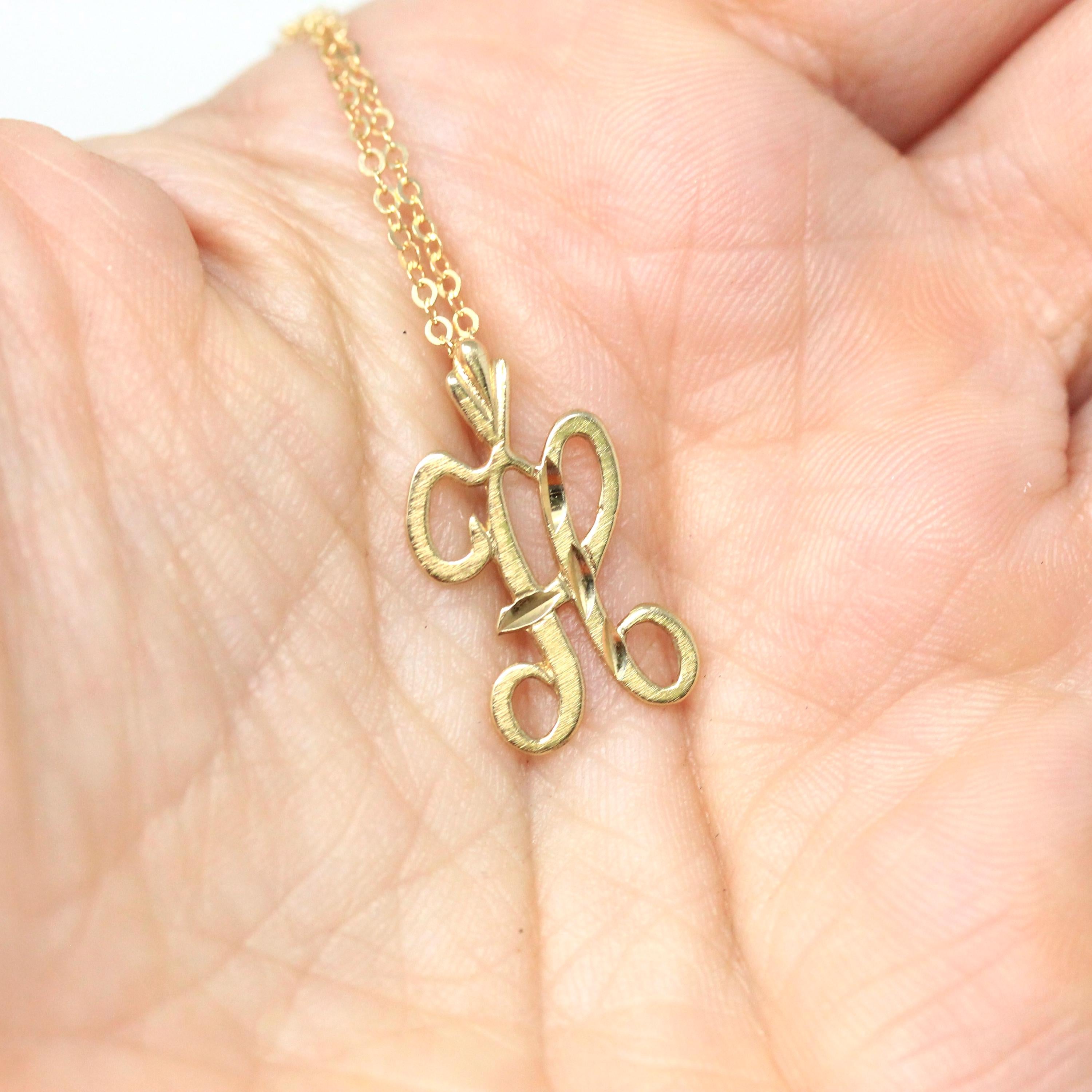 Letter "H" Necklace - Modern Estate 14k Yellow Gold Personalized Pendant Charm - Cursive High Polished Single Initial Fine Gold Jewelry