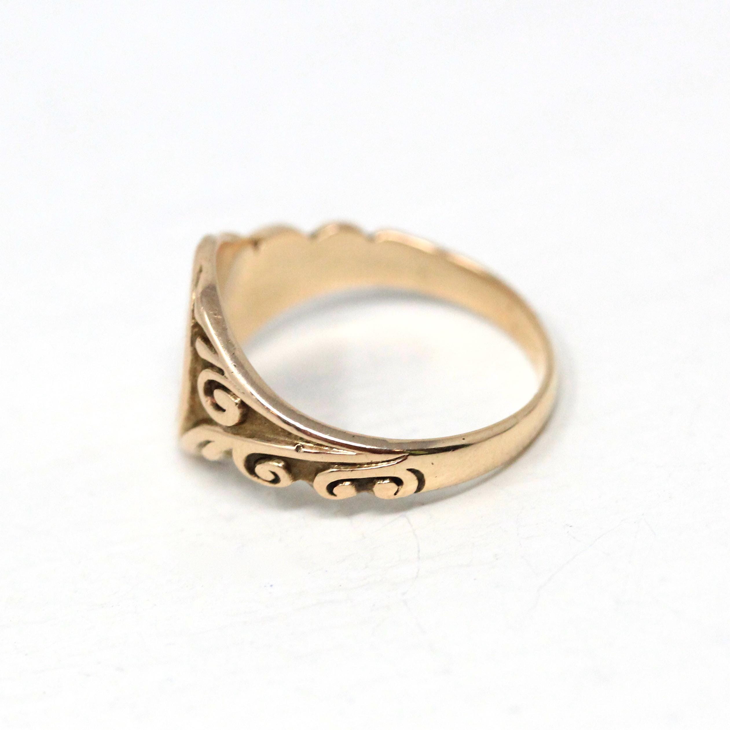 Edwardian Signet Ring - Antique 10k Rosy Yellow Gold SJK Engraved Monogram Initials - Art Nouveau 1910s Size 4 3/4 Fine Scroll Jewelry