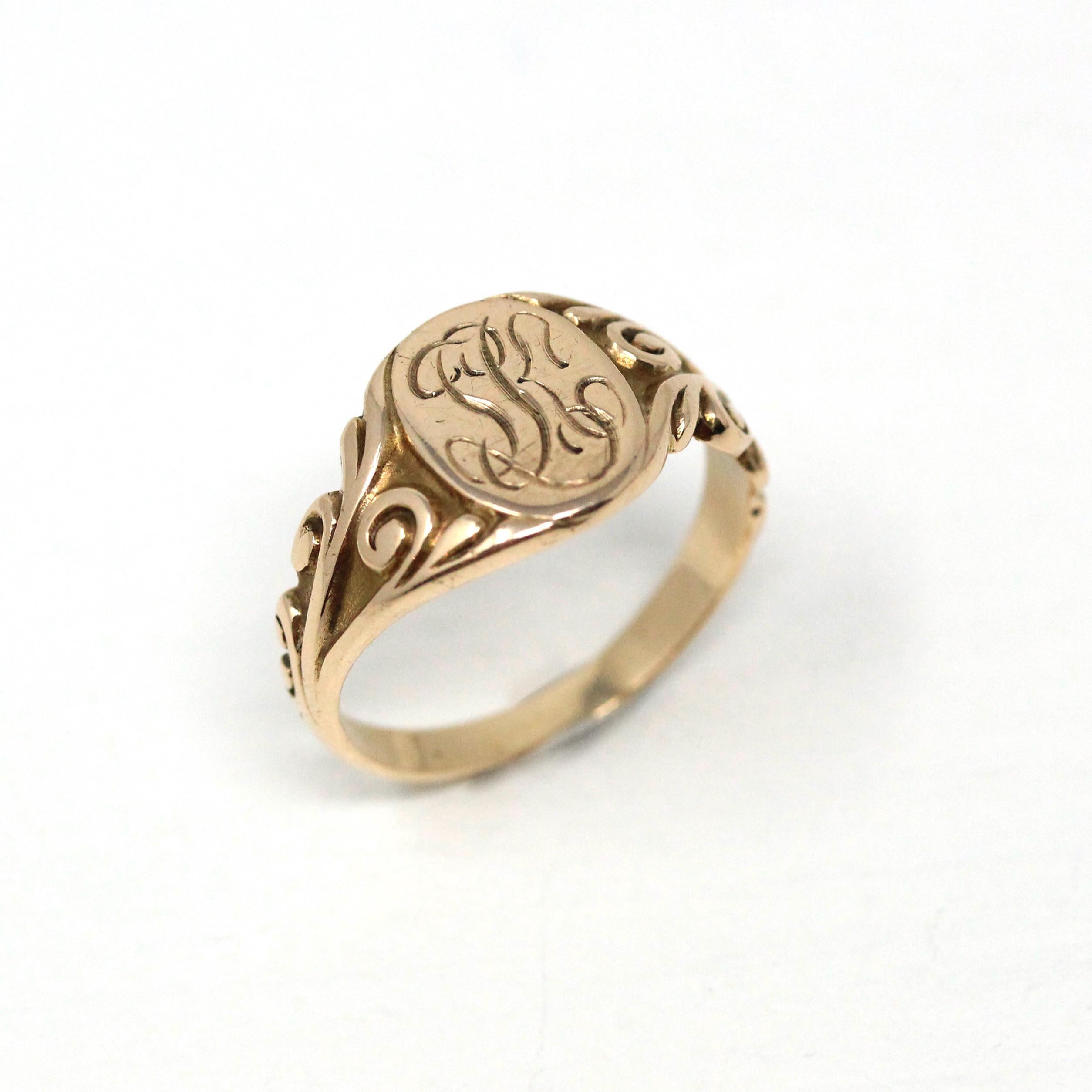 Edwardian Signet Ring - Antique 10k Rosy Yellow Gold SJK Engraved Monogram Initials - Art Nouveau 1910s Size 4 3/4 Fine Scroll Jewelry