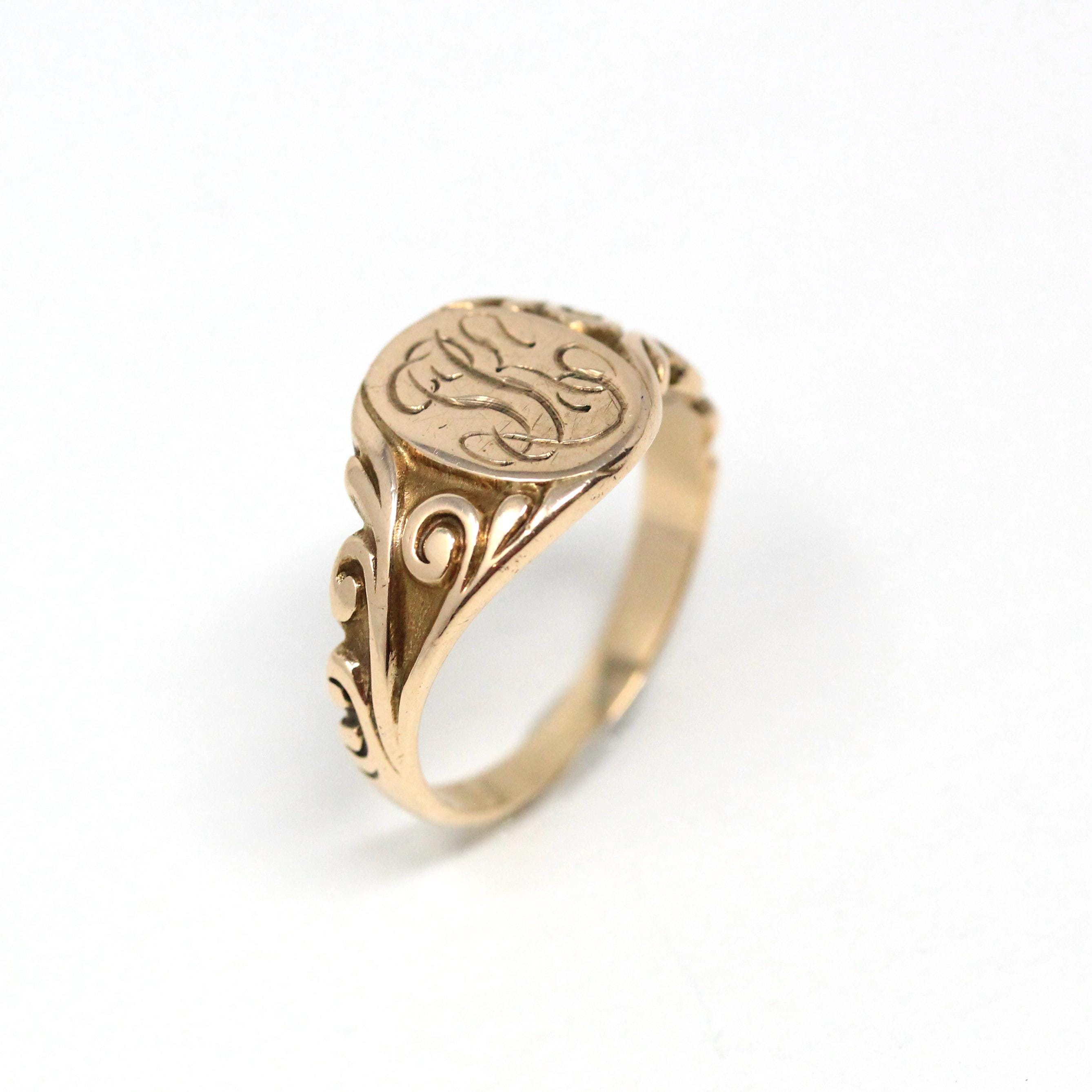 Edwardian Signet Ring - Antique 10k Rosy Yellow Gold SJK Engraved Monogram Initials - Art Nouveau 1910s Size 4 3/4 Fine Scroll Jewelry