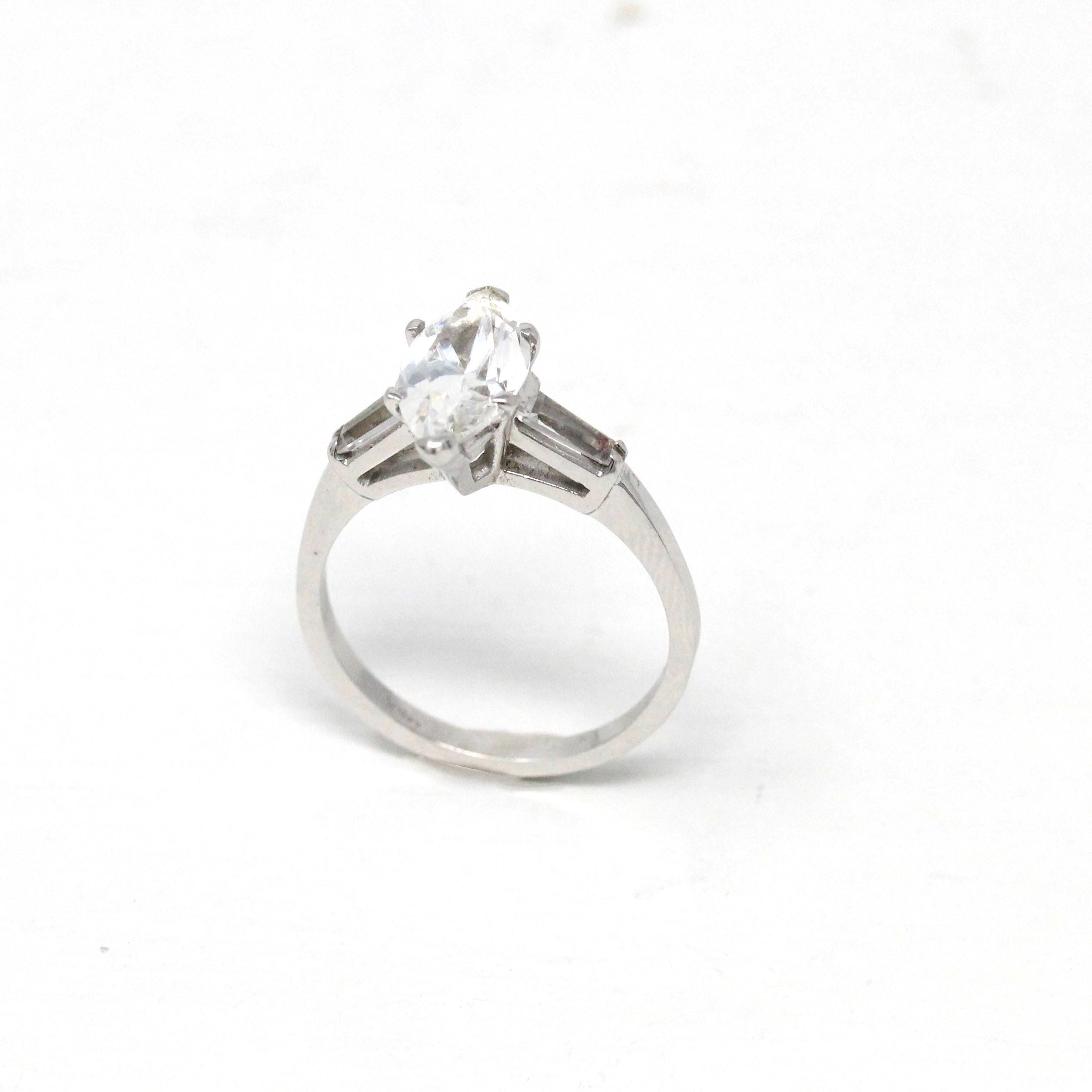 Simulated Diamond Engagement Ring - Vintage 14k White Gold Marquise CZ & Spinel - Circa 1970s Size 8.5 Alternative Clear Gems Bridal Jewelry