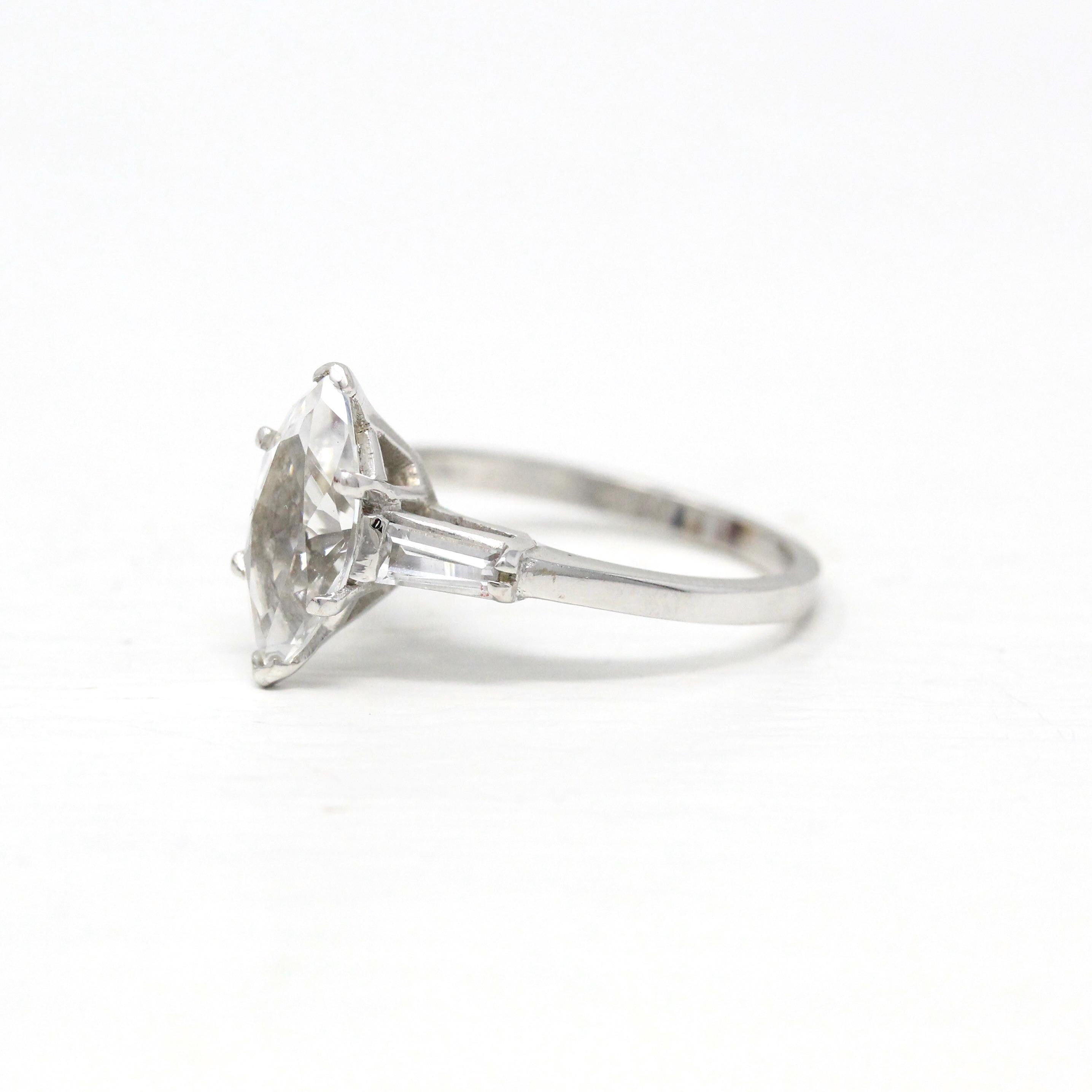 Simulated Diamond Engagement Ring - Vintage 14k White Gold Marquise CZ & Spinel - Circa 1970s Size 8.5 Alternative Clear Gems Bridal Jewelry