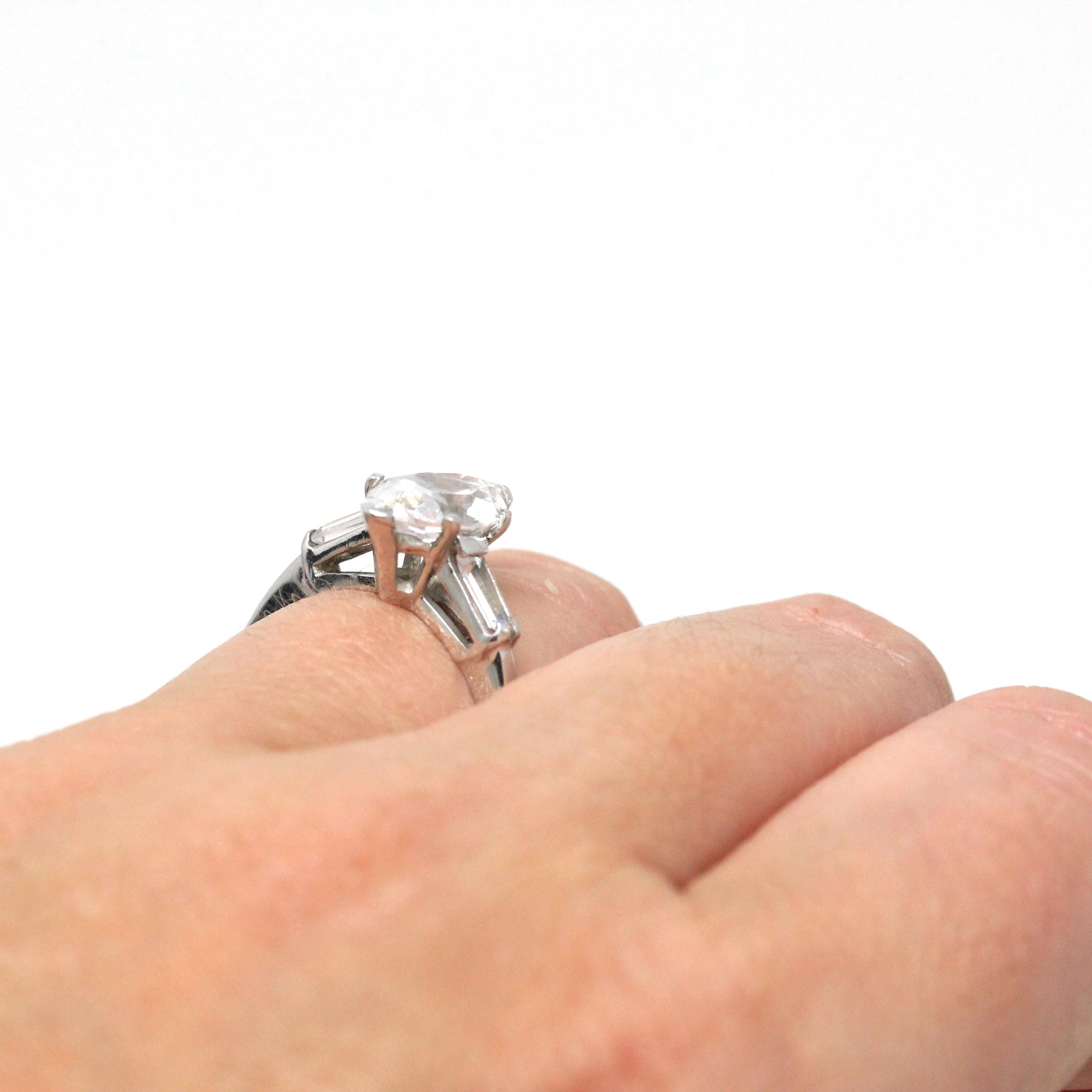 Simulated Diamond Engagement Ring - Vintage 14k White Gold Marquise CZ & Spinel - Circa 1970s Size 8.5 Alternative Clear Gems Bridal Jewelry