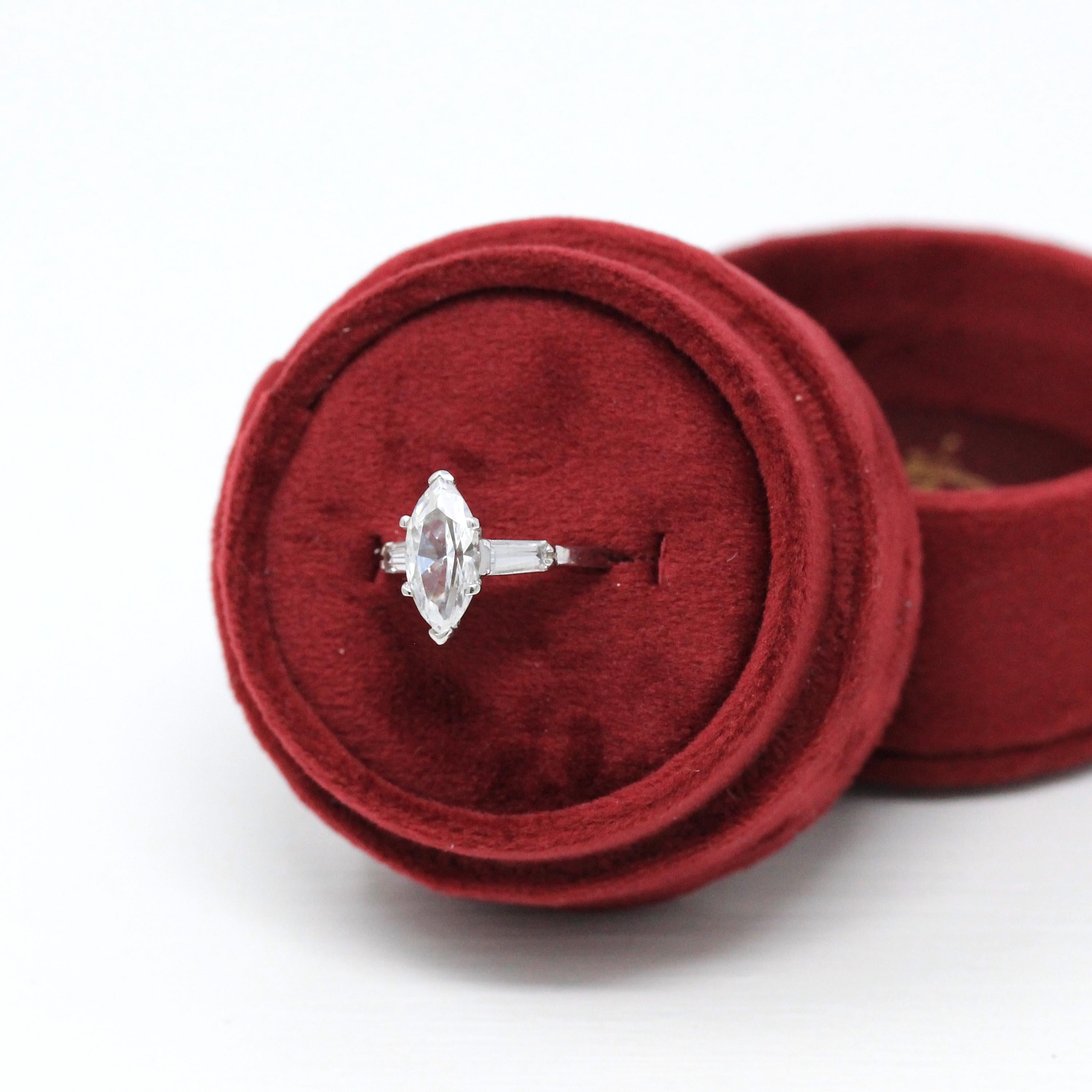 Simulated Diamond Engagement Ring - Vintage 14k White Gold Marquise CZ & Spinel - Circa 1970s Size 8.5 Alternative Clear Gems Bridal Jewelry