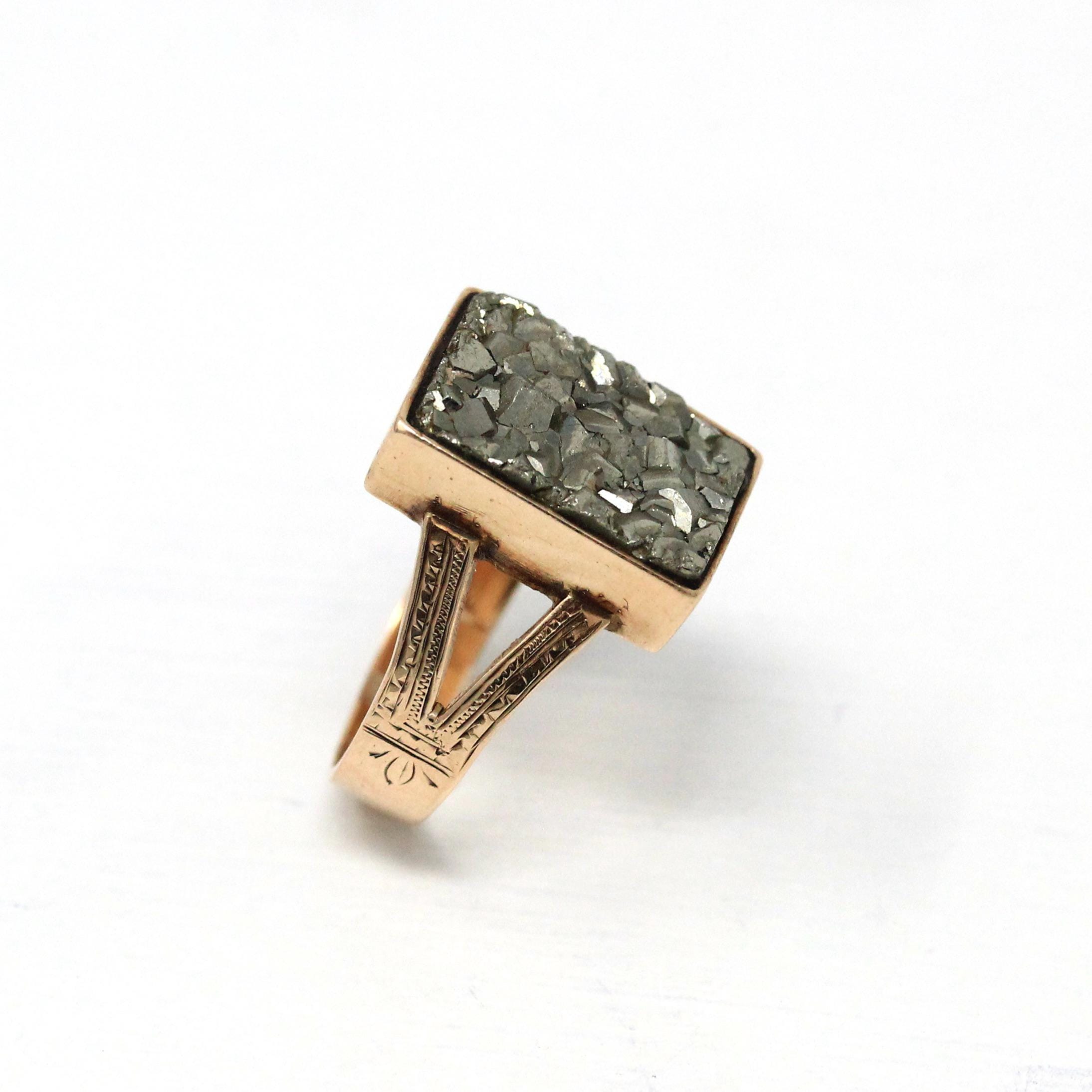 Antique Pyrite Ring - Victorian Era 10k Rose Gold Bezel Semiprecious Gemstone Shield - Circa 1890s Size 5 3/4 Engraved Fine Heirloom Jewelry