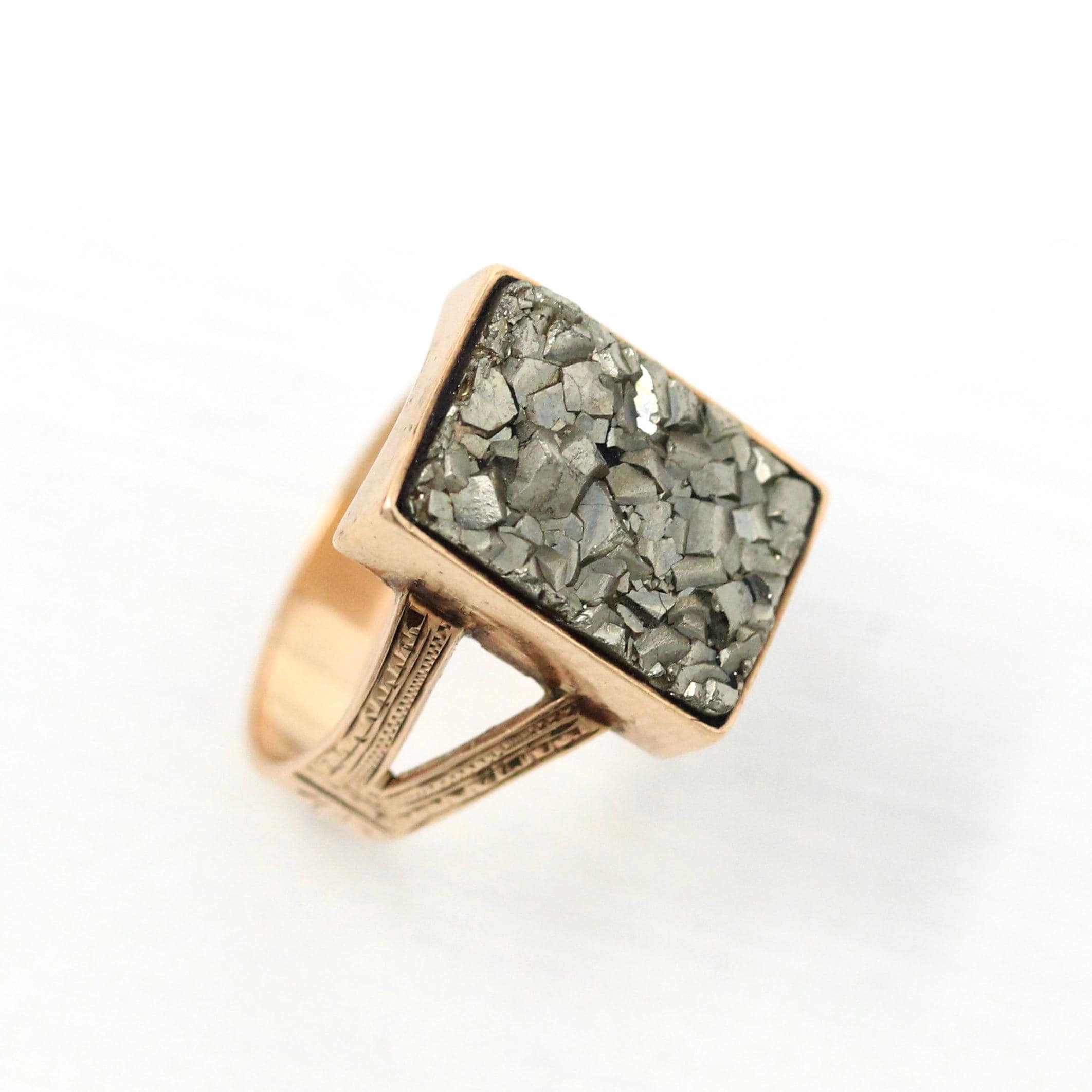 Antique Pyrite Ring - Victorian Era 10k Rose Gold Bezel Semiprecious Gemstone Shield - Circa 1890s Size 5 3/4 Engraved Fine Heirloom Jewelry