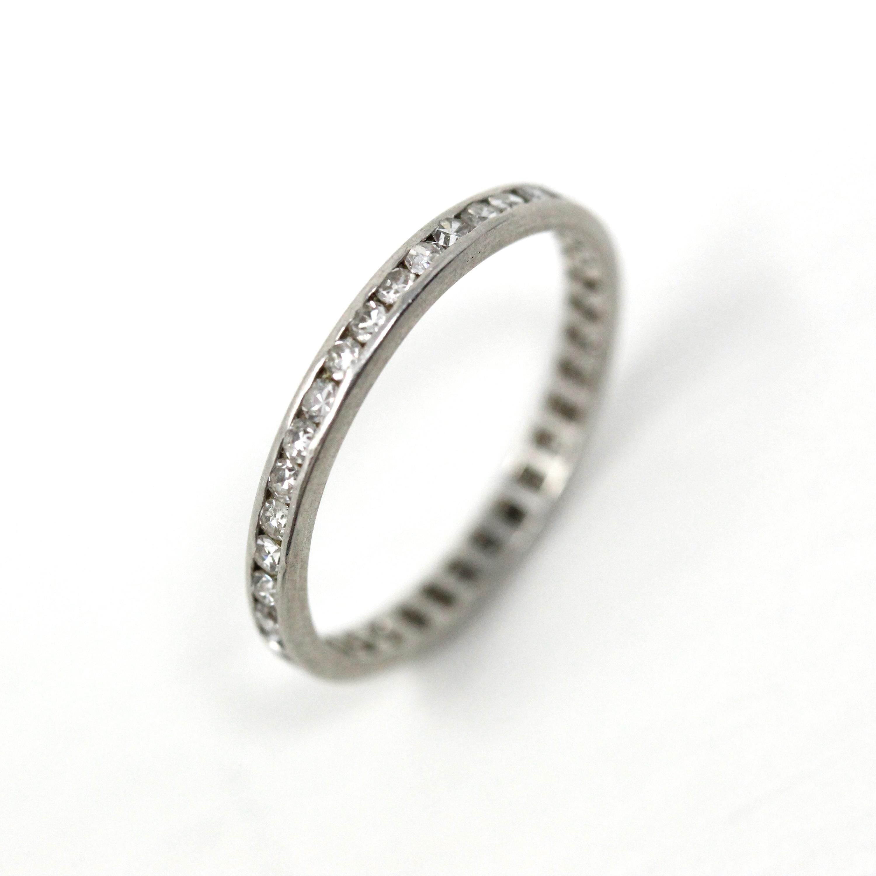 Diamond Eternity Band - Art Deco Platinum 3/4 CTW Genuine Round Single Cut Ring - Antique Circa 1920s Size 5.5 Wedding Fine Precious Jewelry