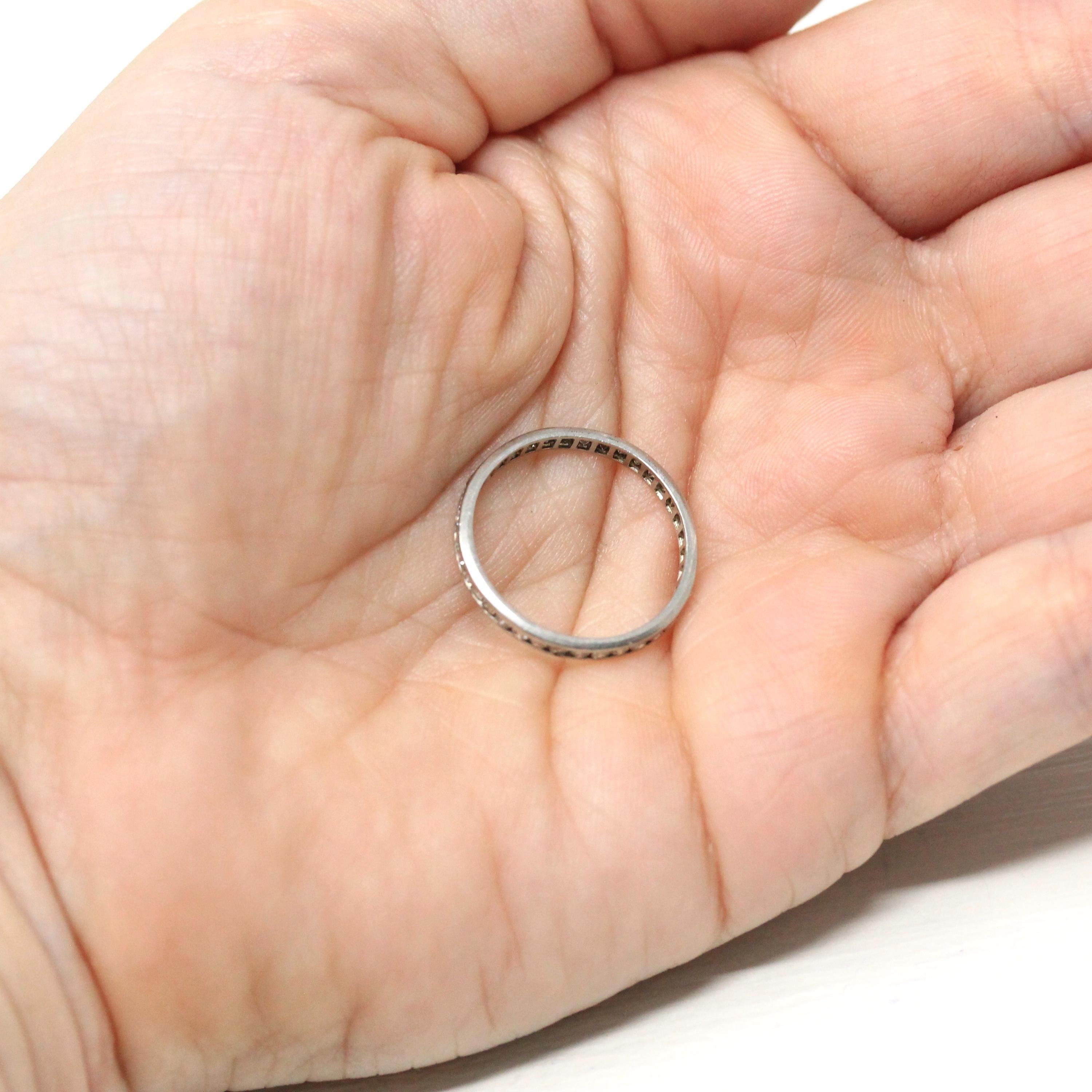 Diamond Eternity Band - Art Deco Platinum 3/4 CTW Genuine Round Single Cut Ring - Antique Circa 1920s Size 5.5 Wedding Fine Precious Jewelry