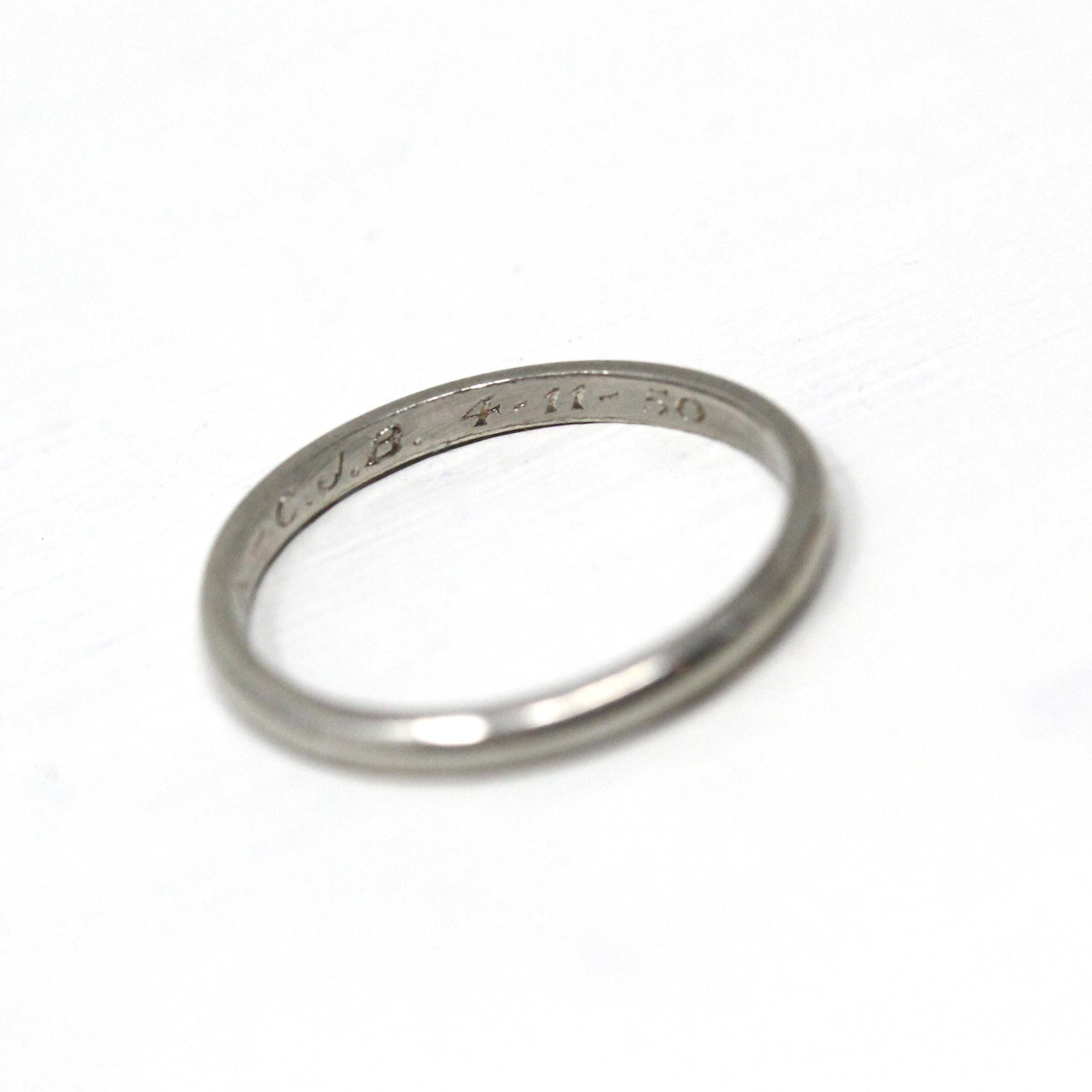 Dated 1950 Band - Mid Century Platinum Engraved "DAK-CJB" Half Round - Vintage Dated "4-11-50" Size 6 Heirloom Fine Wedding Jewelry