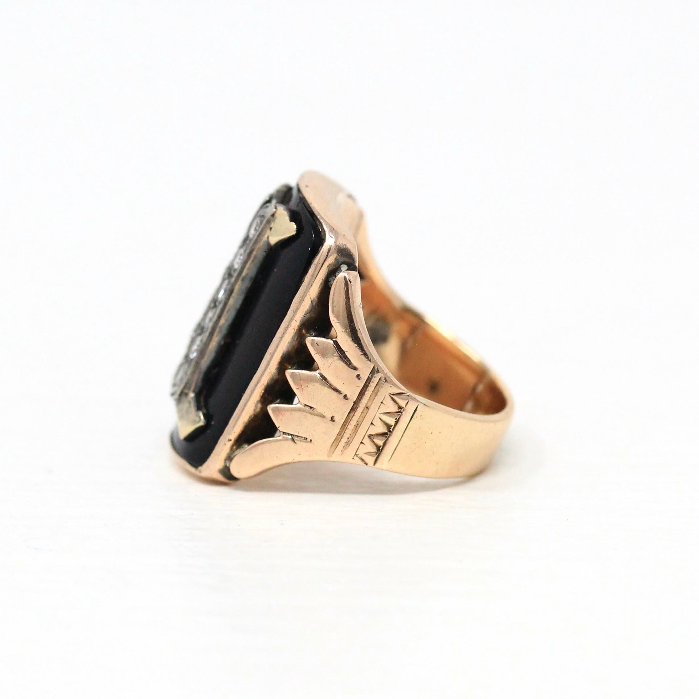 Letter "I" Ring - Victorian 10k Rose Gold Black Chalcedony Onyx Signet - Vintage 1890s Size 4 Black Initial Old English Diamonds Jewelry