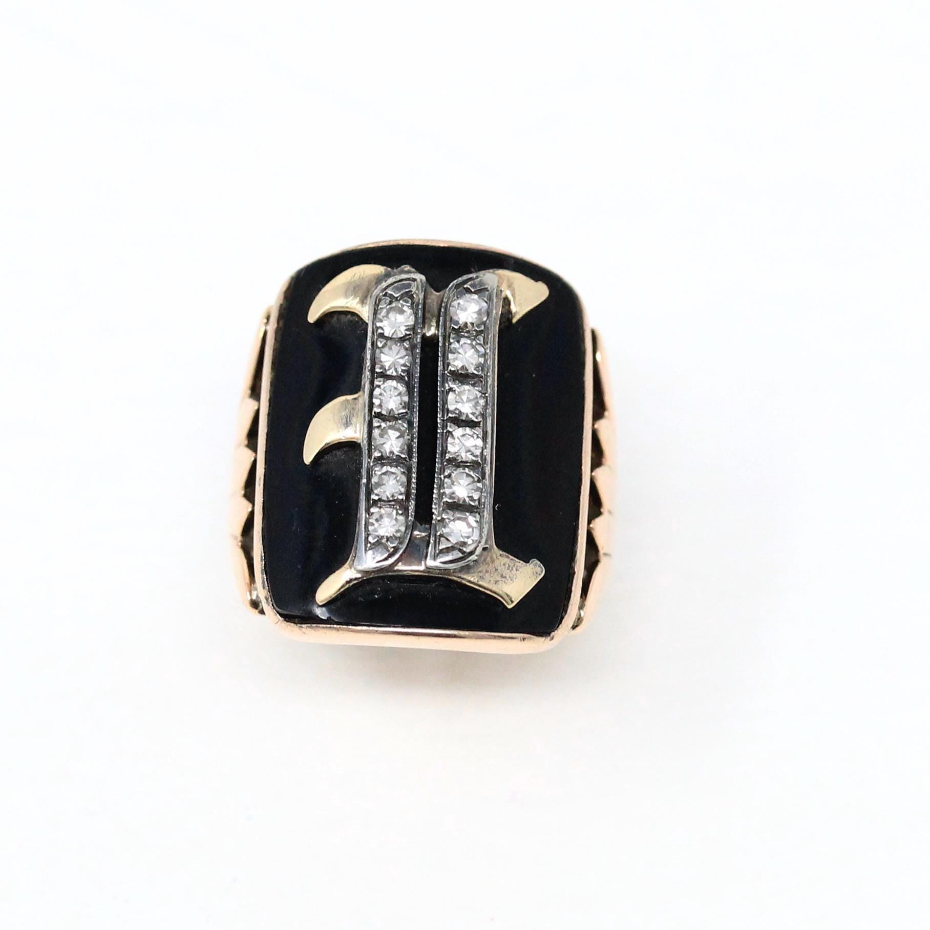 Letter "I" Ring - Victorian 10k Rose Gold Black Chalcedony Onyx Signet - Vintage 1890s Size 4 Black Initial Old English Diamonds Jewelry