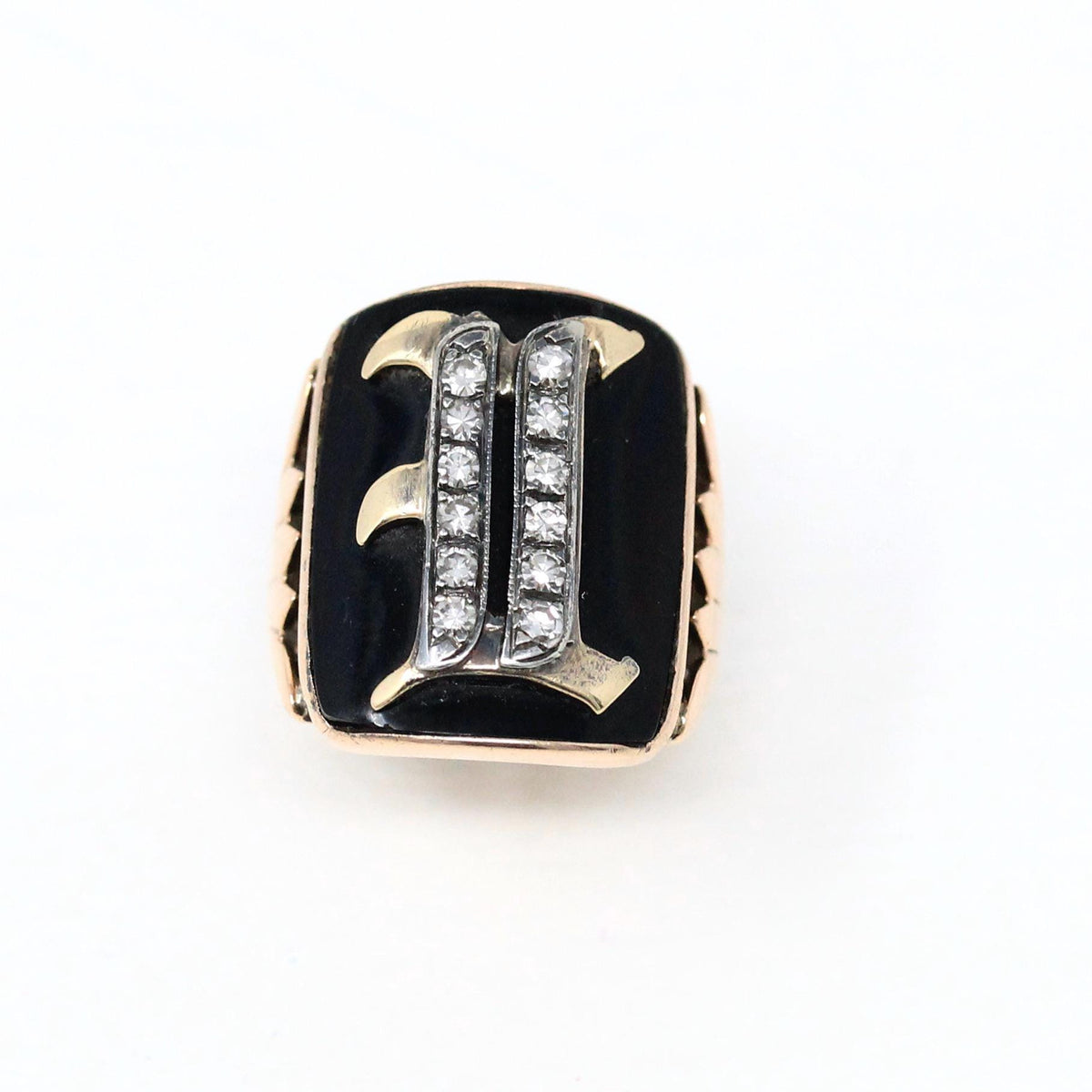 Letter "I" Ring - Victorian 10k Rose Gold Black Chalcedony Onyx Signet - Vintage 1890s Size 4 Black Initial Old English Diamonds Jewelry
