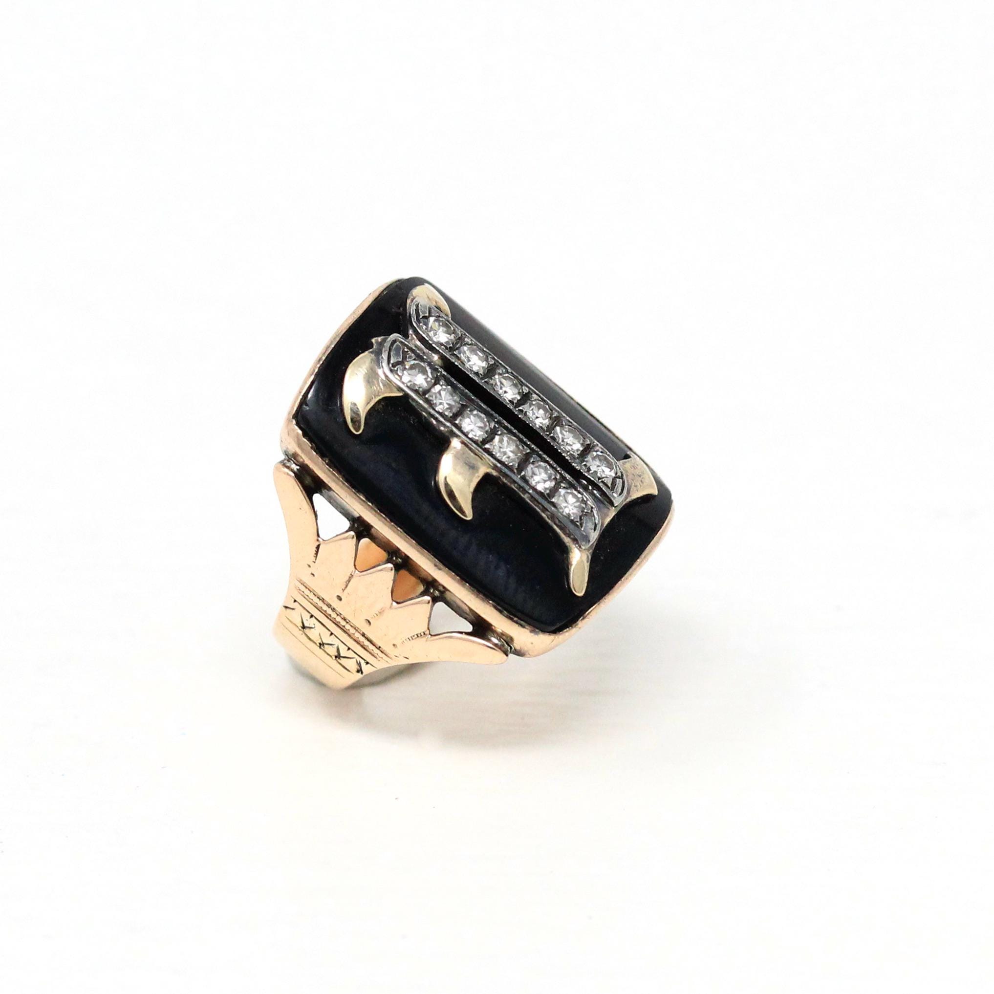 Letter "I" Ring - Victorian 10k Rose Gold Black Chalcedony Onyx Signet - Vintage 1890s Size 4 Black Initial Old English Diamonds Jewelry