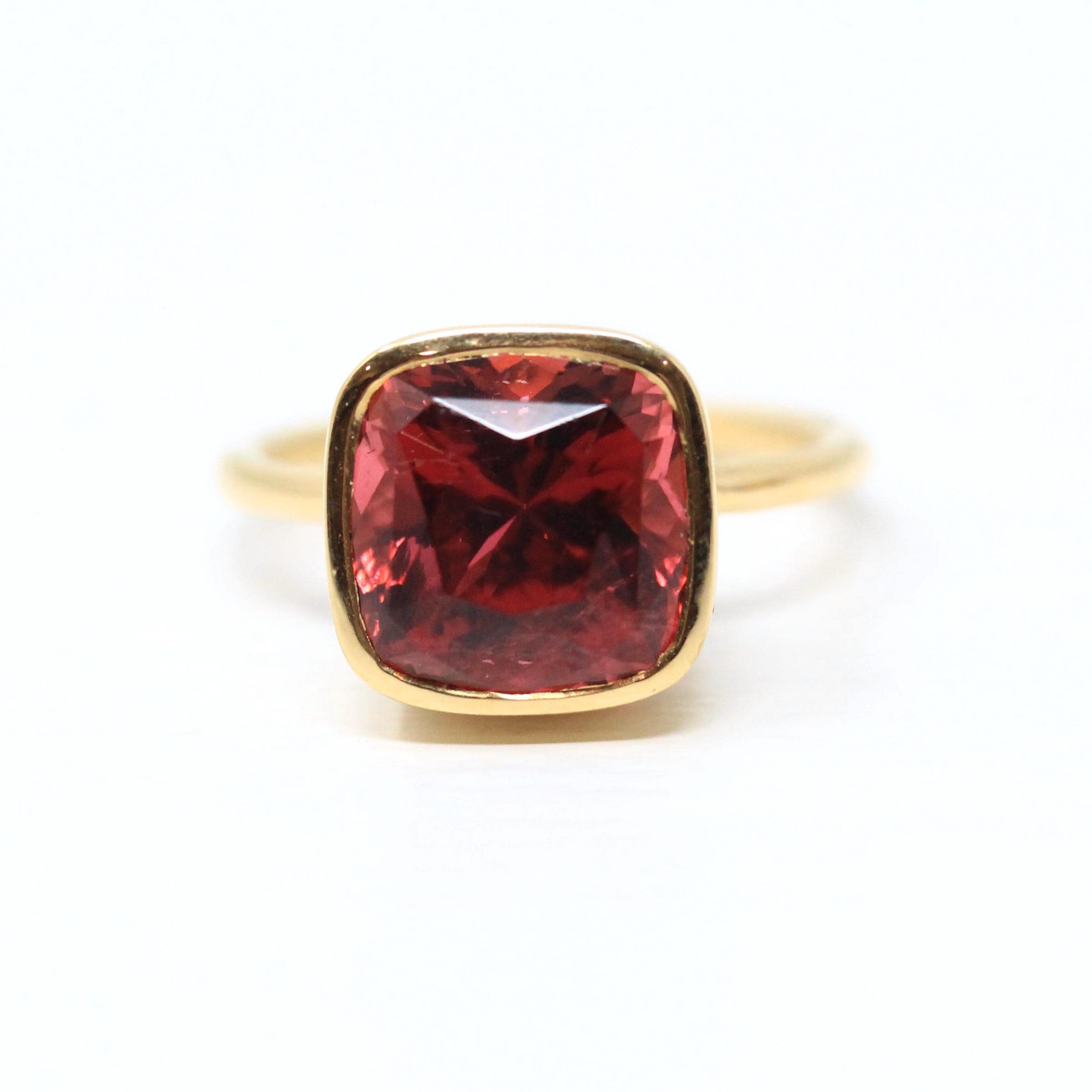 Pink Tourmaline Ring - 18k Yellow Gold Bezel Set Genuine 5.39 CT Gemstone - Modern Size 6 1/4 Statement Fine Cocktail Solitaire Jewelry