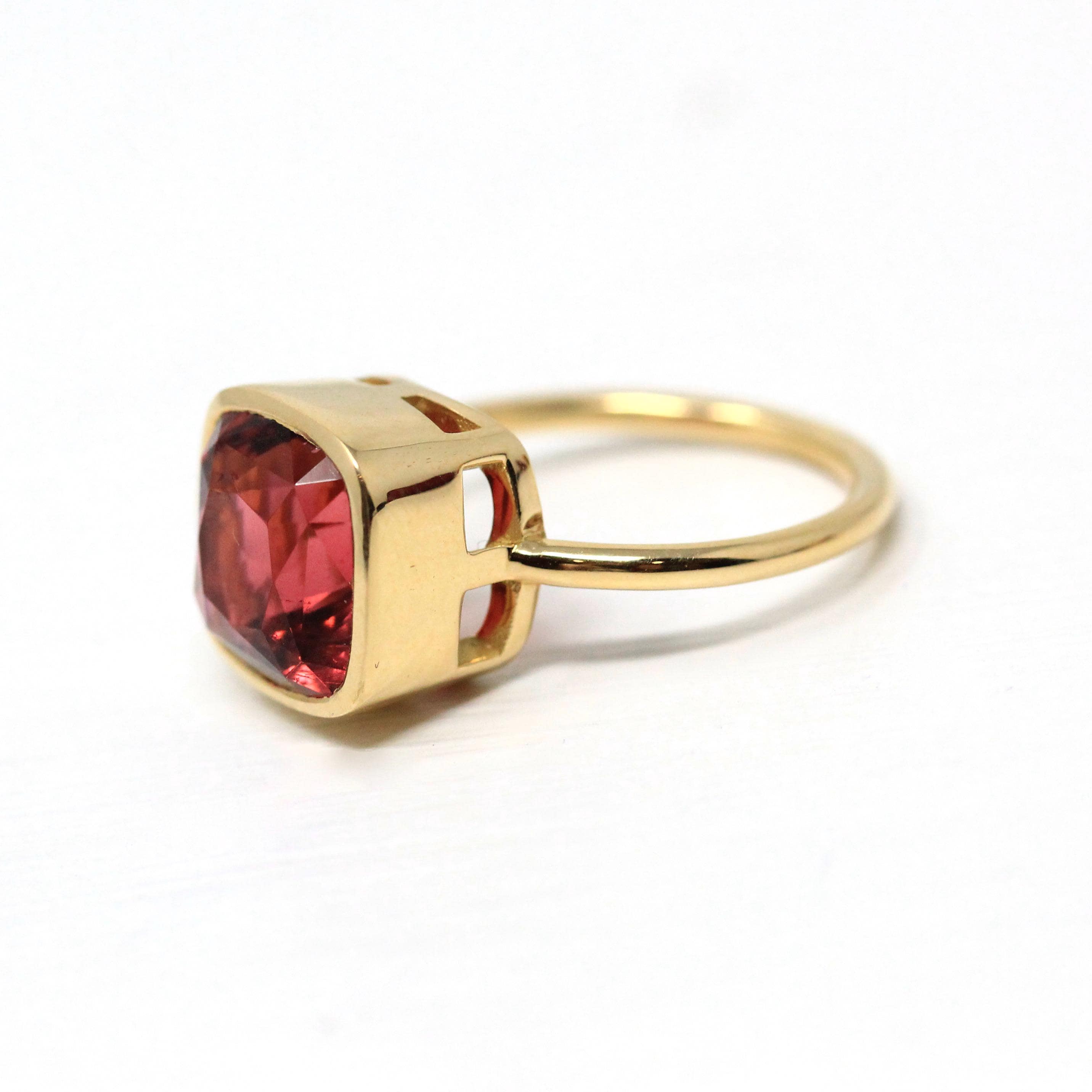 Pink Tourmaline Ring - 18k Yellow Gold Bezel Set Genuine 5.39 CT Gemstone - Modern Size 6 1/4 Statement Fine Cocktail Solitaire Jewelry