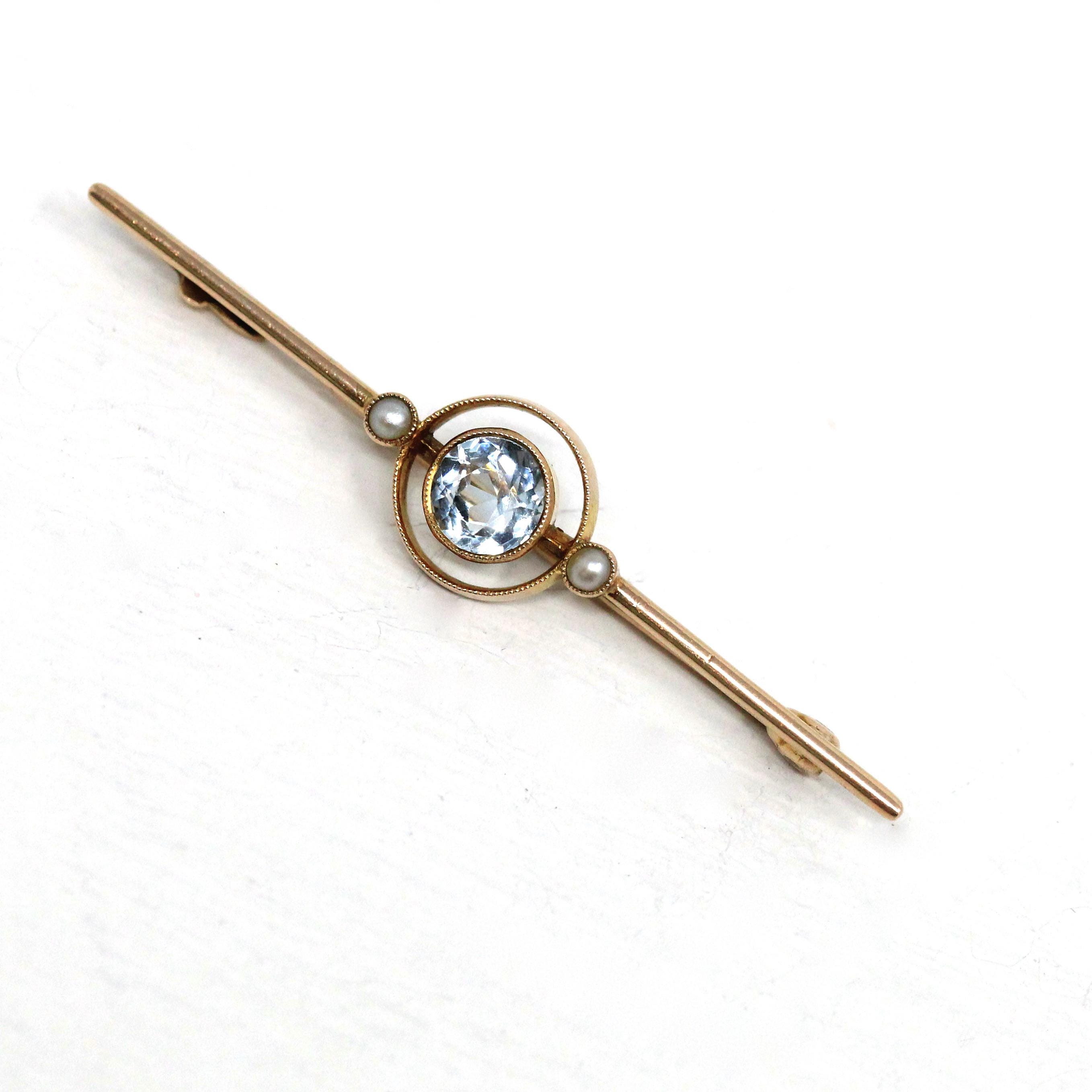 Simulated Aqua Brooch - Antique Edwardian 9k Yellow Gold Light Blue Glass Gem & Cultured Seed Pearls - Circa 1910s Birthstone Fine Jewelry