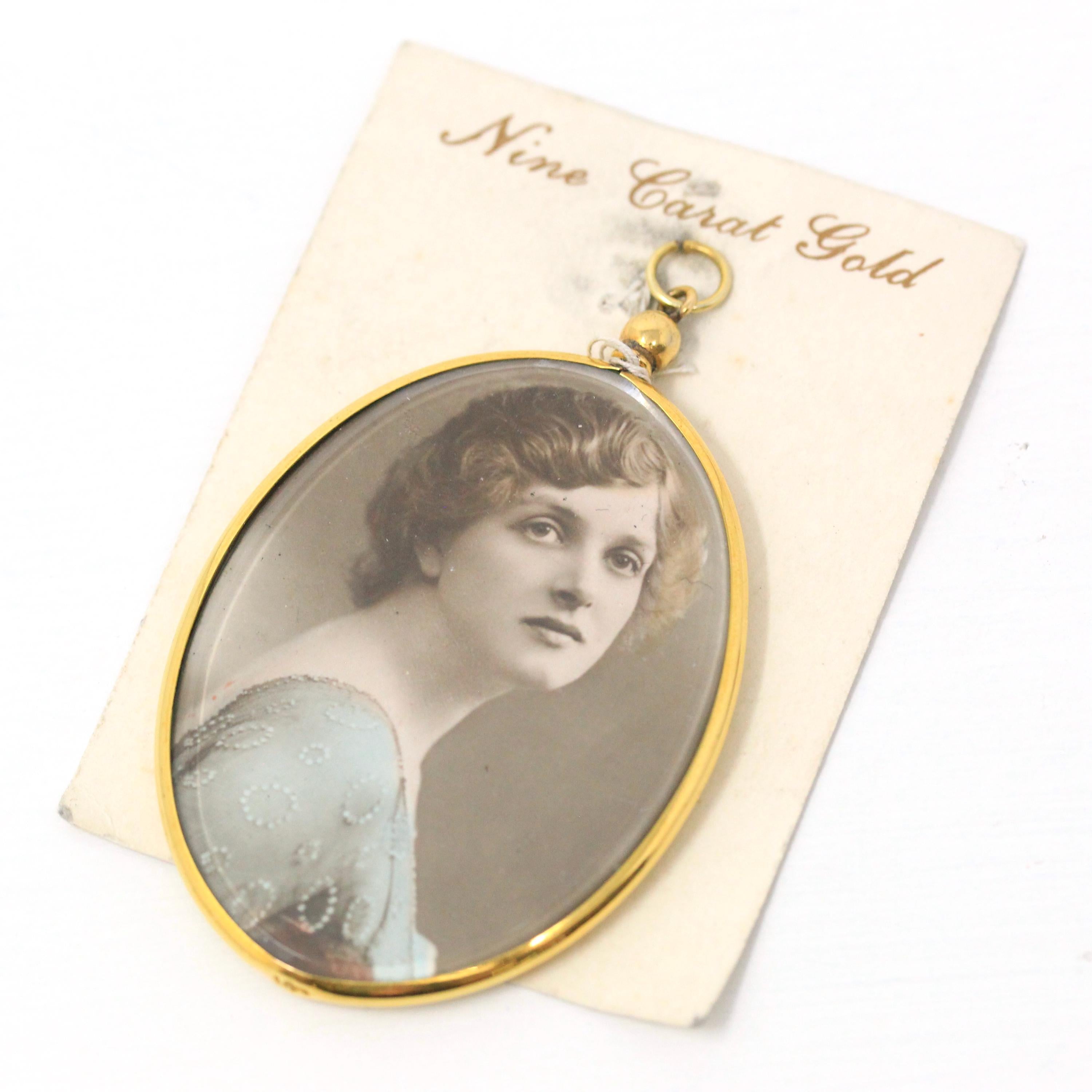 Antique Locket Fob - Edwardian Era 9K Yellow Gold Oval Glass Pendant Necklace - Vintage Memory Photo Portrait Keepsake Charm Fine Jewelry